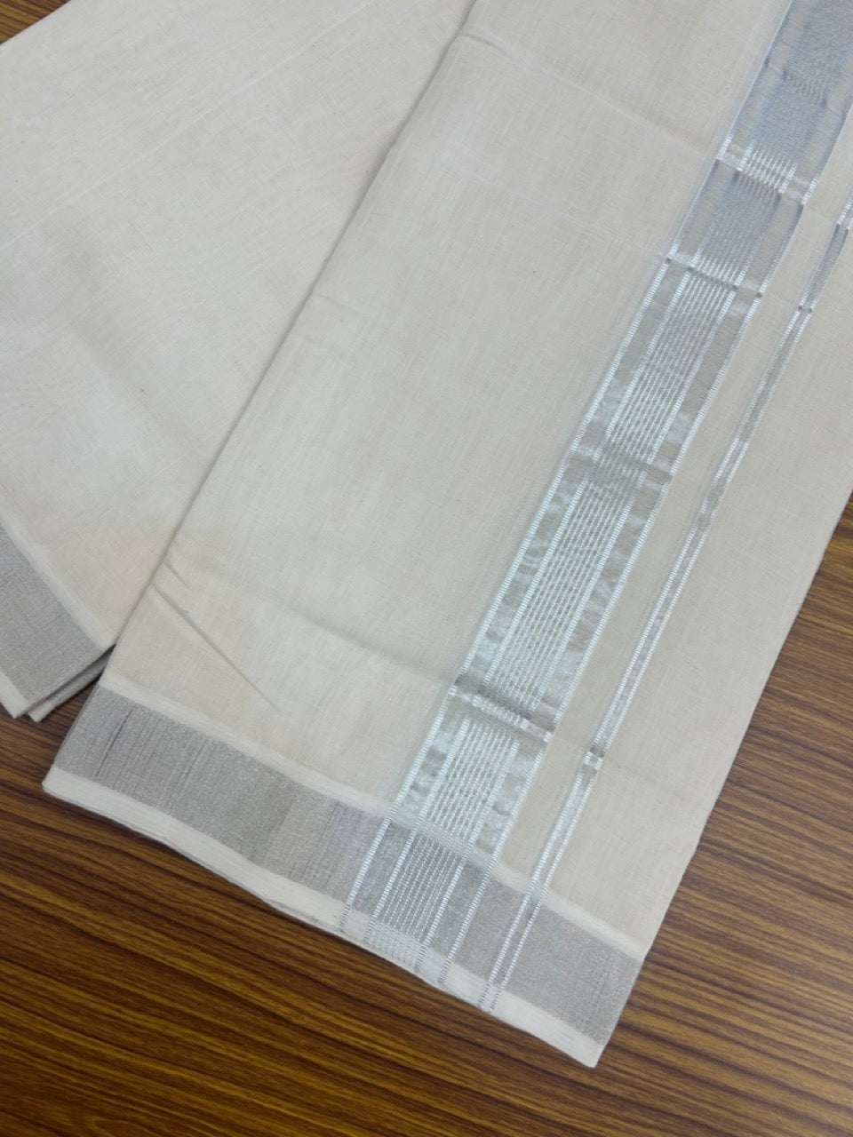 25% DISCOUNT!! KaithariKada Handloom Millpaav Balaramapuram - 100% Pure Cotton OFF White (Unbleached) Double Mundu/Dothi - 80x90 - 1.75 inch Silver Kasav Center striped Kara 4 Meters (8.5 Muzham) - 2 KK5264 RAM