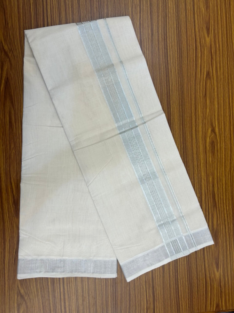 25% DISCOUNT!! KaithariKada Handloom Millpaav Balaramapuram - 100% Pure Cotton OFF White (Unbleached) Double Mundu/Dothi - 80x90 - 2 inch Silver Kasav striped Kara 4 Meters (8.5 Muzham) - 3 KK5264 RAM