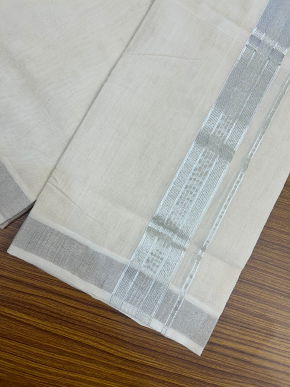 25% DISCOUNT!! KaithariKada Handloom Millpaav Balaramapuram - 100% Pure Cotton OFF White (Unbleached) Double Mundu/Dothi - 80x90 - 2 inch Silver Kasav striped Kara 4 Meters (8.5 Muzham) - 3 KK5264 RAM