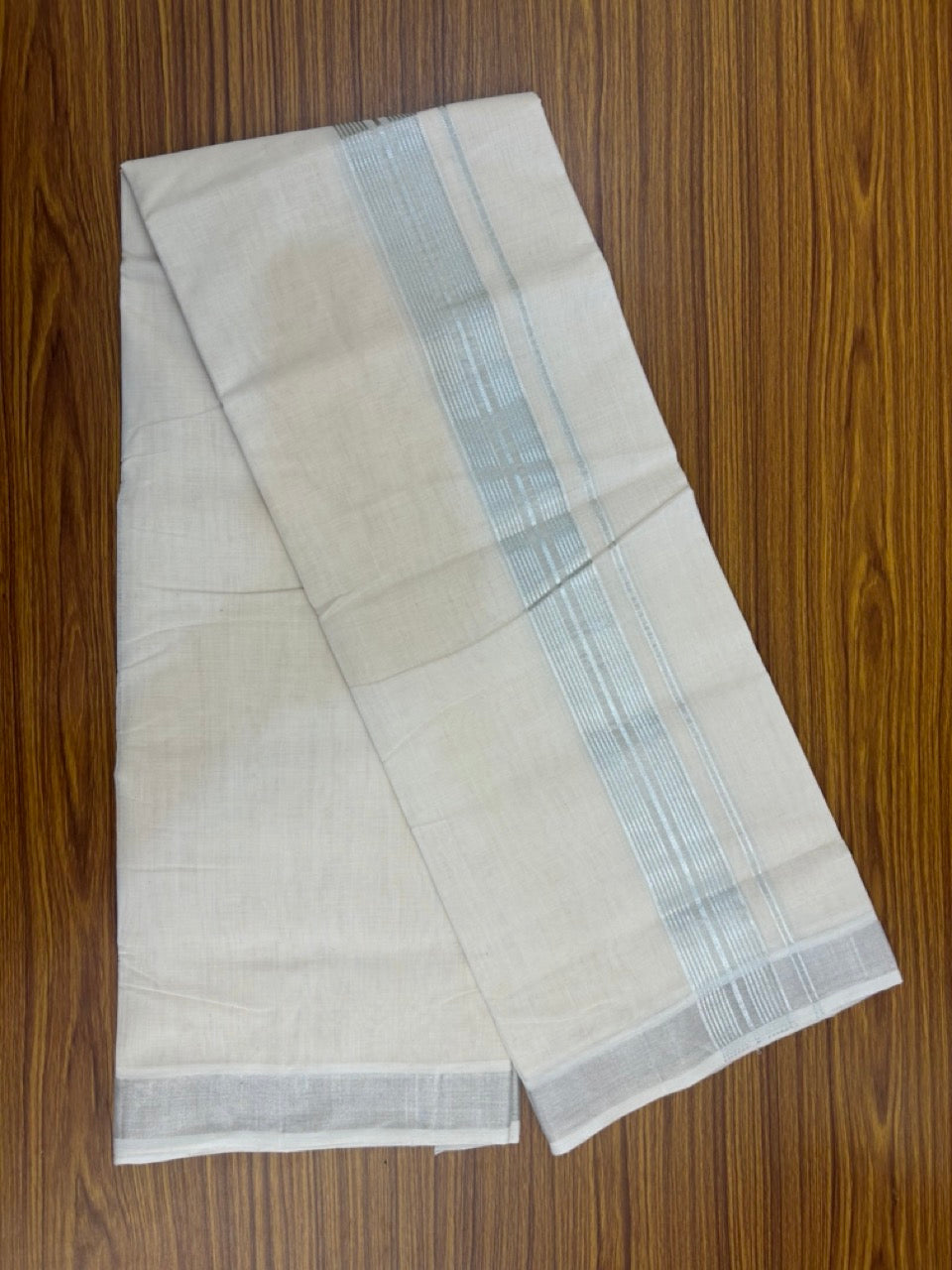 25% DISCOUNT!! KaithariKada Handloom Millpaav Balaramapuram - 100% Pure Cotton OFF White (Unbleached) Double Mundu/Dothi - 80x90 - 2 inch Silver Kasav striped Kara 4 Meters (8.5 Muzham) - 4 KK5264 RAM