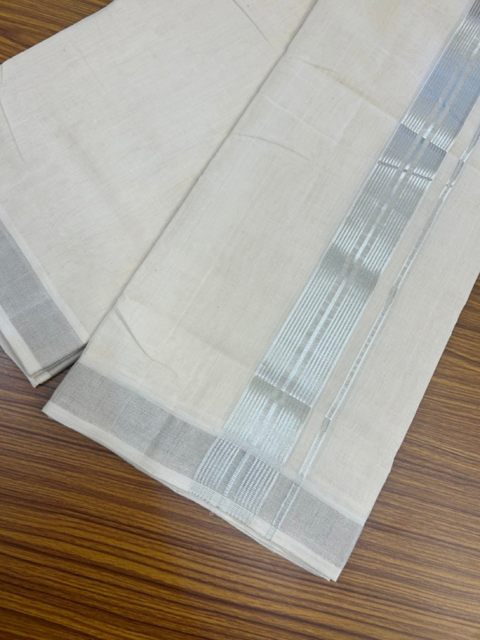 25% DISCOUNT!! KaithariKada Handloom Millpaav Balaramapuram - 100% Pure Cotton OFF White (Unbleached) Double Mundu/Dothi - 80x90 - 2 inch Silver Kasav striped Kara 4 Meters (8.5 Muzham) - 4 KK5264 RAM