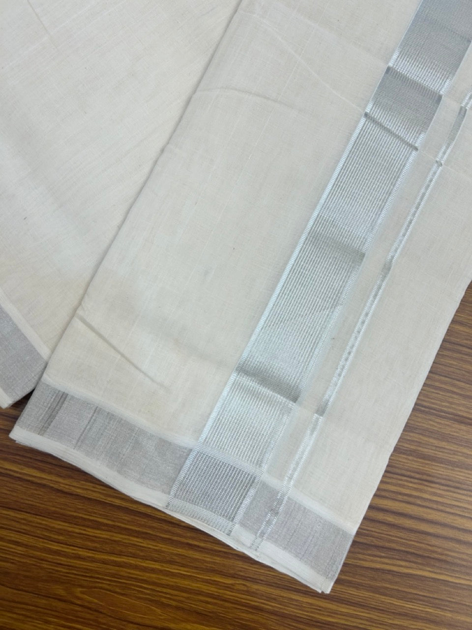 25% Discount!! KaithariKada Handloom Millpaav Balaramapuram - 100% Pure Cotton Off White Double - (Unbleached) Mundu/Dothi -80x90 - 2 Inch Silver Kasav Stripes kara 4mtr (8.5 muzham) - 14 KK5264 RAM