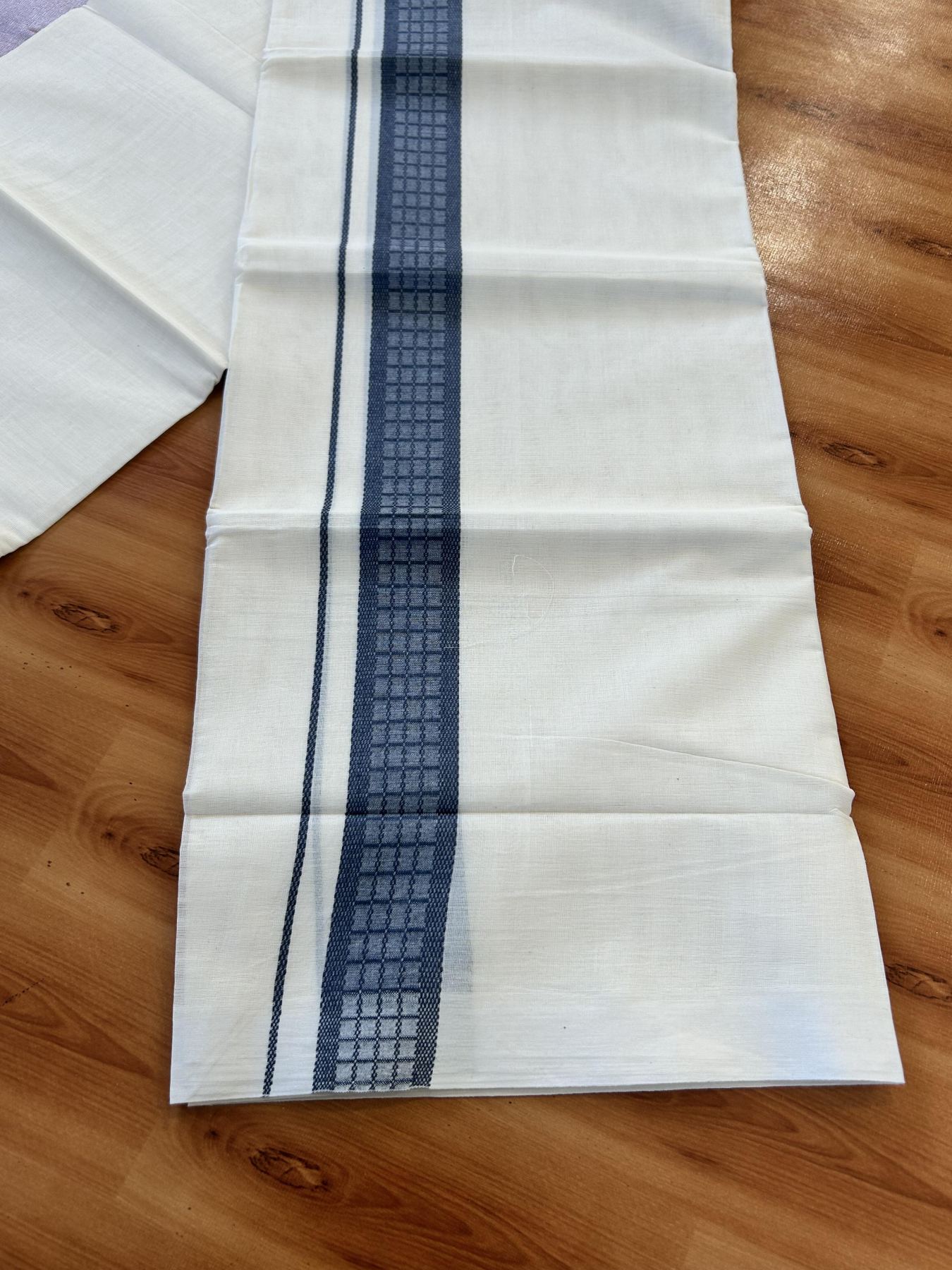 Double Off White (Unbleached) Mundu/Dhoti- 20% Discount! KaithariKada 100% Cotton - 100X80 - 1.5 inch Dark Ash Blue Shaded Check Designer Kara - 4 mtr (8.5 Muzham) - 1 KK5451 THI