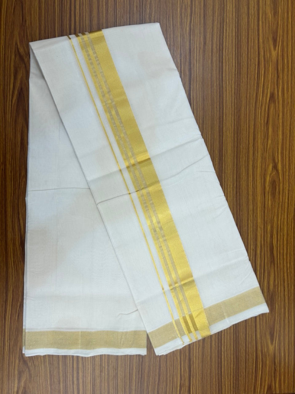 25% Discount!! KaithariKada Handloom Millpaav Balaramapuram - 100% Pure Cotton Off White Double - (Unbleached) Mundu/Dothi -80x90 - 2 Inch Gold Kasav Stripes kara 4mtr (8.5 muzham) - 15 KK5264 RAM