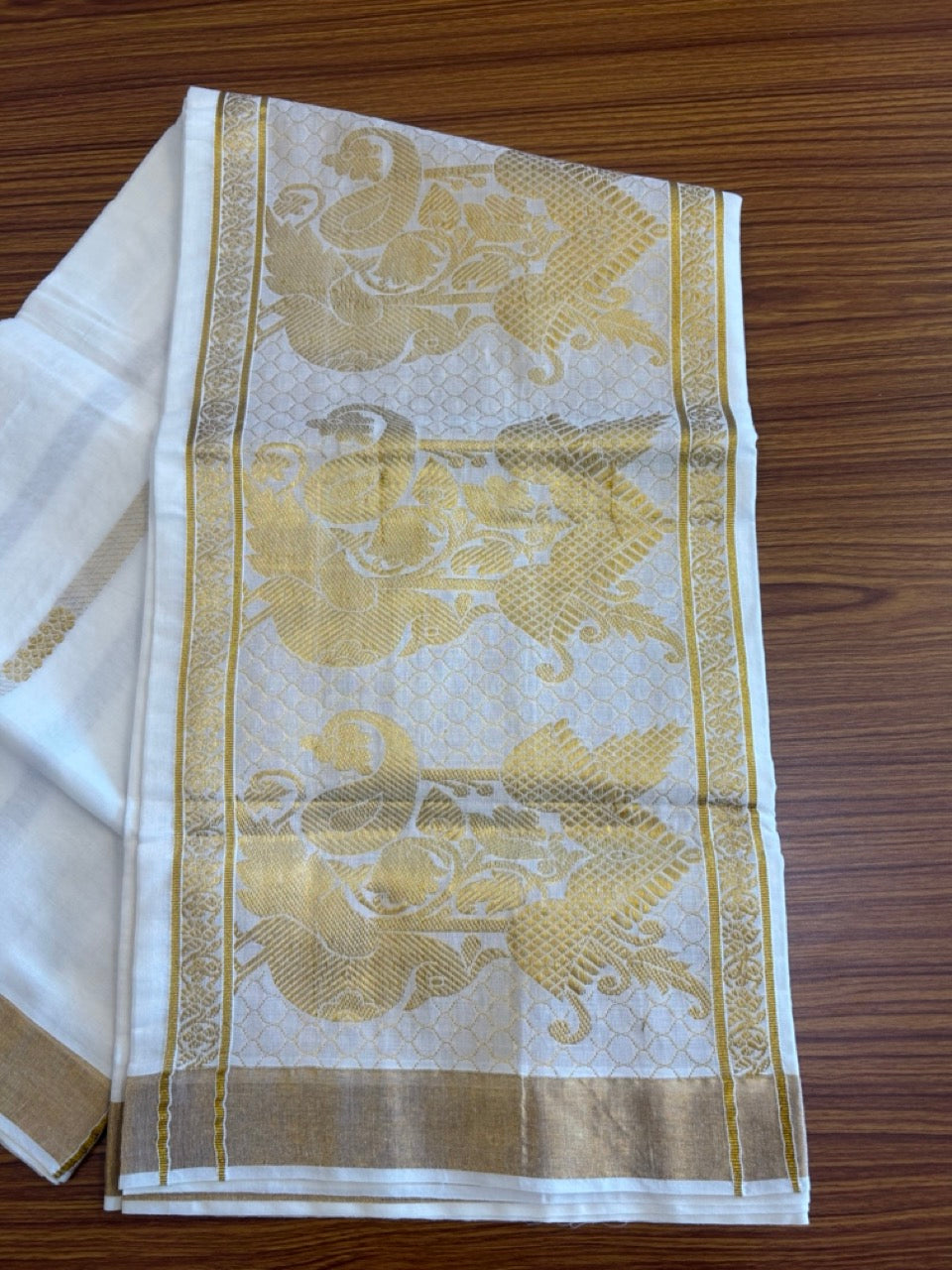 25% Discount! Kaitharikada Kerala Cotton Saree Off white - 12 inch Kasavu Zari with Peacock Pattern putta Design- 7KK1009KK