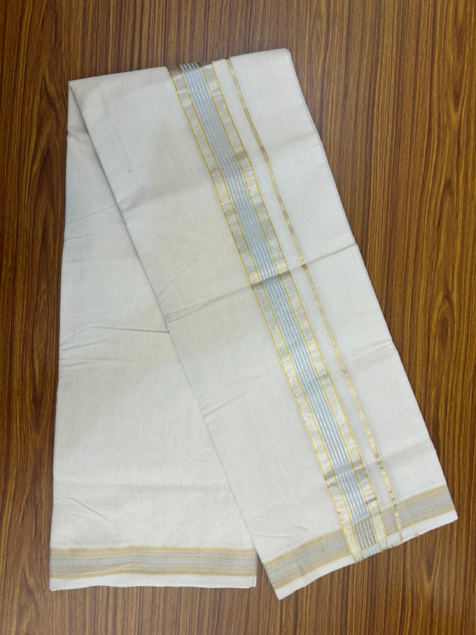 25% DISCOUNT!! KaithariKada Handloom Millpaav Balaramapuram - 100% Pure Cotton OFF White (Unbleached) Double Mundu/Dothi - 80x90 - 2 inch Silver & Gold Kasav striped Kara 4 Meters (8.5 Muzham) - 5 KK5264 RAM