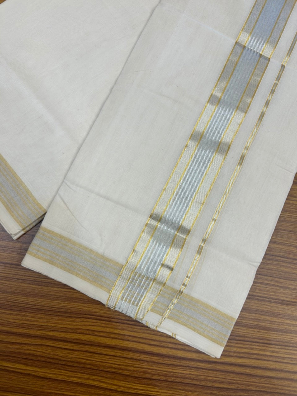 25% DISCOUNT!! KaithariKada Handloom Millpaav Balaramapuram - 100% Pure Cotton OFF White (Unbleached) Double Mundu/Dothi - 80x90 - 2 inch Silver & Gold Kasav striped Kara 4 Meters (8.5 Muzham) - 5 KK5264 RAM