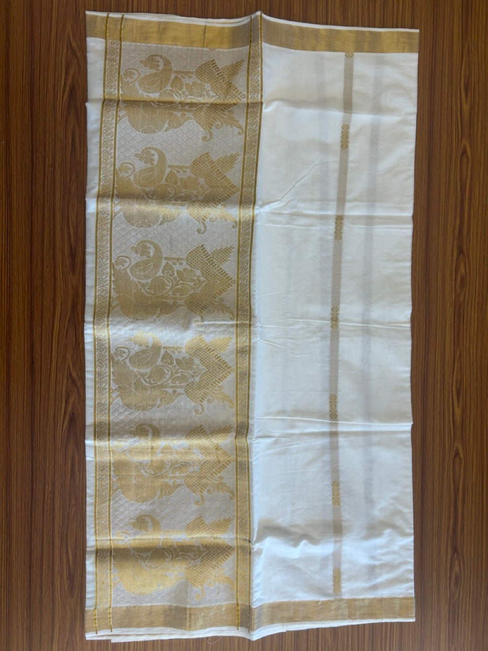 25% Discount! Kaitharikada Kerala Cotton Saree Off white - 12 inch Kasavu Zari with Peacock Pattern putta Design- 7KK1009KK