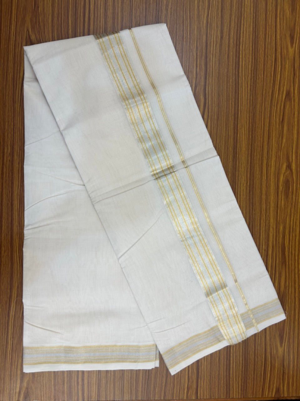 25% DISCOUNT!! KaithariKada Handloom Millpaav Balaramapuram - 100% Pure Cotton OFF White (Unbleached) Double Mundu/Dothi - 80x90 - 2 inch Silver & Gold Kasav striped Kara 4 Meters (8.5 Muzham) - 6 KK5264 RAM