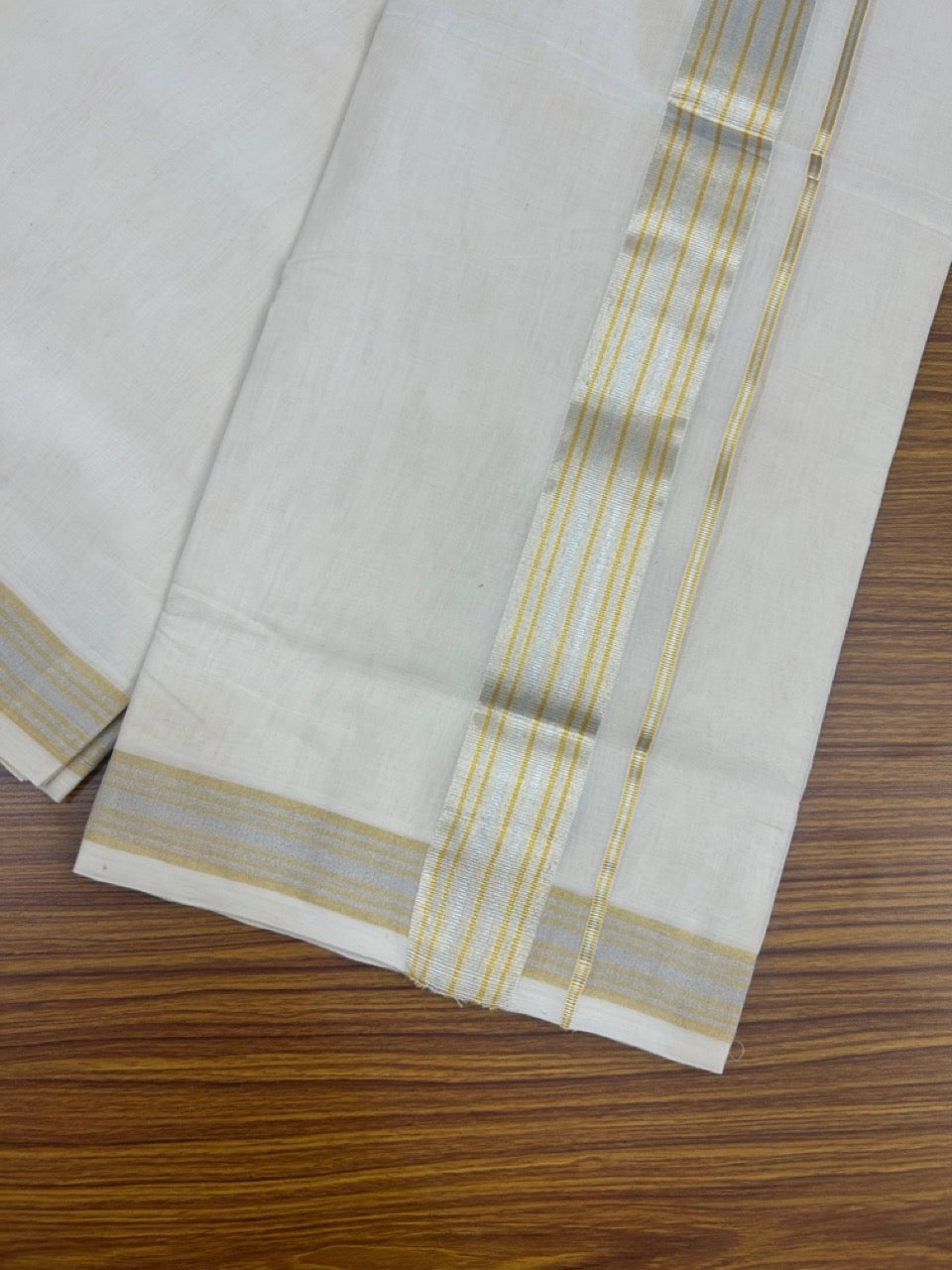 25% DISCOUNT!! KaithariKada Handloom Millpaav Balaramapuram - 100% Pure Cotton OFF White (Unbleached) Double Mundu/Dothi - 80x90 - 2 inch Silver & Gold Kasav striped Kara 4 Meters (8.5 Muzham) - 6 KK5264 RAM