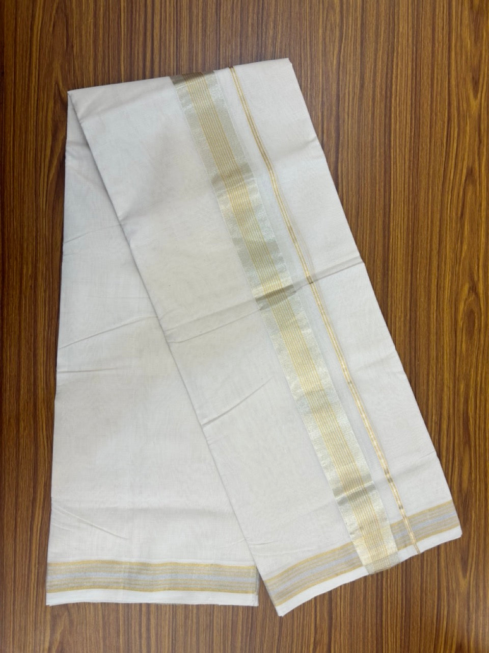 25% DISCOUNT!! KaithariKada Handloom Millpaav Balaramapuram - 100% Pure Cotton OFF White (Unbleached) Double Mundu/Dothi - 80x90 - 2 inch Silver & Gold Kasav striped Kara 4 Meters (8.5 Muzham) - 7 KK5264 RAM