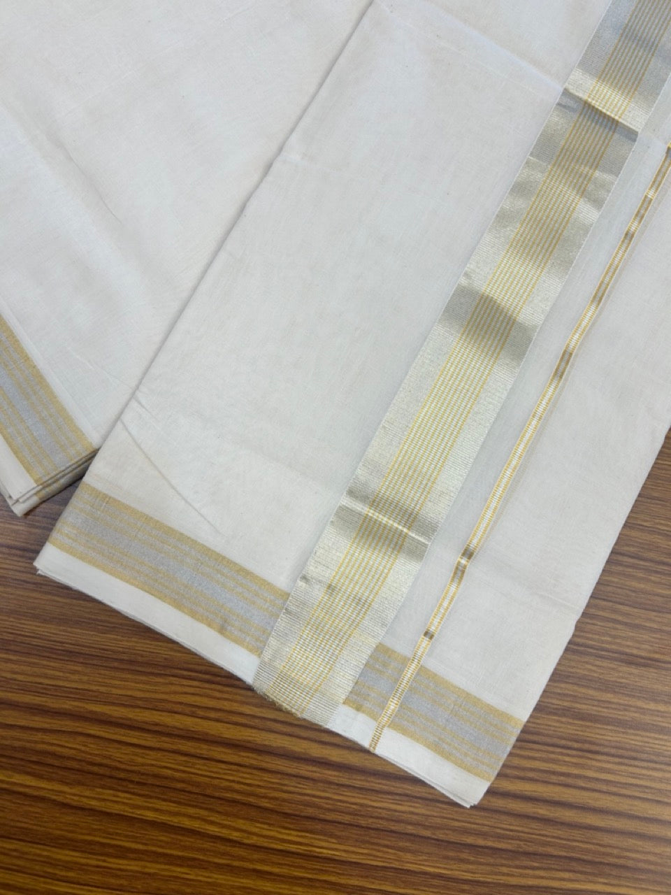 25% DISCOUNT!! KaithariKada Handloom Millpaav Balaramapuram - 100% Pure Cotton OFF White (Unbleached) Double Mundu/Dothi - 80x90 - 2 inch Silver & Gold Kasav striped Kara 4 Meters (8.5 Muzham) - 7 KK5264 RAM