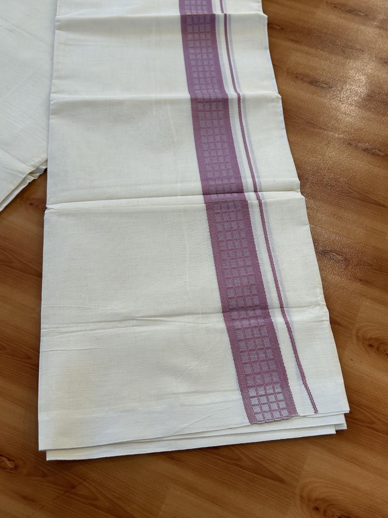 Double Off White (Unbleached) Mundu/Dhoti- 20% Discount! KaithariKada 100% Cotton - 100X80 - 1.5 inch Turkish Rose Shaded Check Designer Kara - 4 mtr (8.5 Muzham) - 3 KK5451 THI