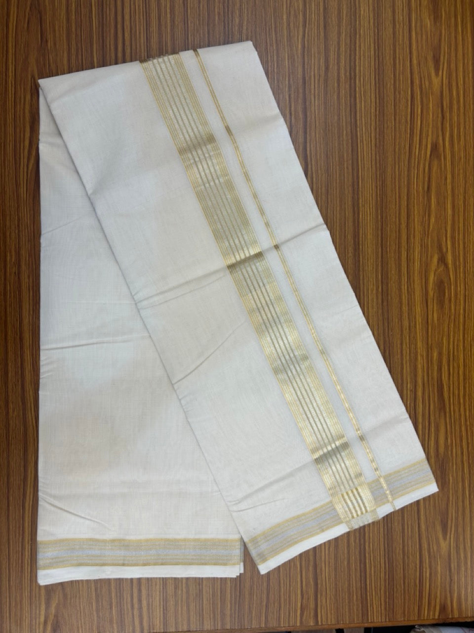 25% DISCOUNT!! KaithariKada Handloom Millpaav Balaramapuram - 100% Pure Cotton OFF White (Unbleached) Double Mundu/Dothi - 80x90 - 2 inch Silver & Gold Kasav striped Kara 4 Meters (8.5 Muzham) - 8 KK5264 RAM