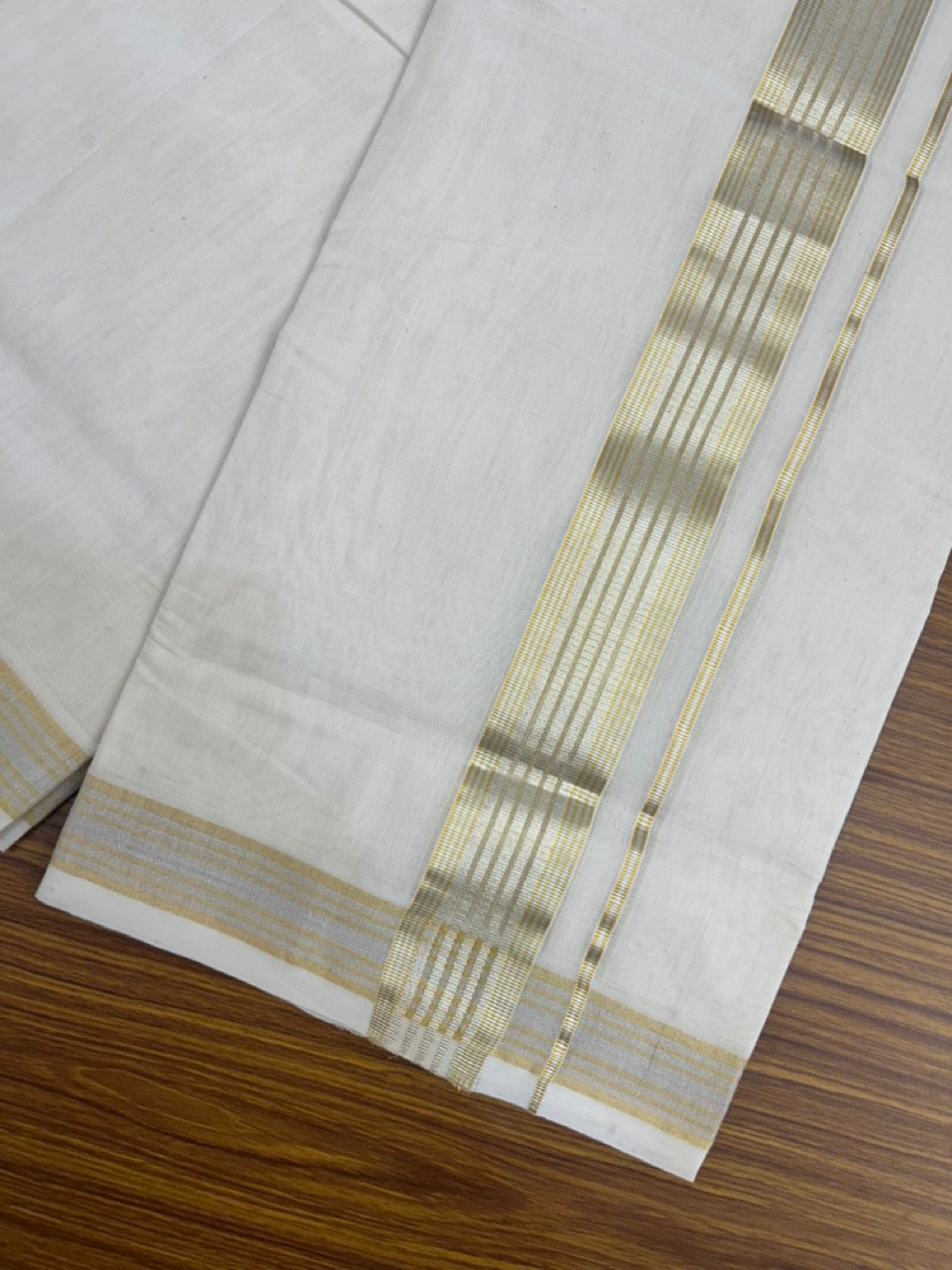 25% DISCOUNT!! KaithariKada Handloom Millpaav Balaramapuram - 100% Pure Cotton OFF White (Unbleached) Double Mundu/Dothi - 80x90 - 2 inch Silver & Gold Kasav striped Kara 4 Meters (8.5 Muzham) - 8 KK5264 RAM