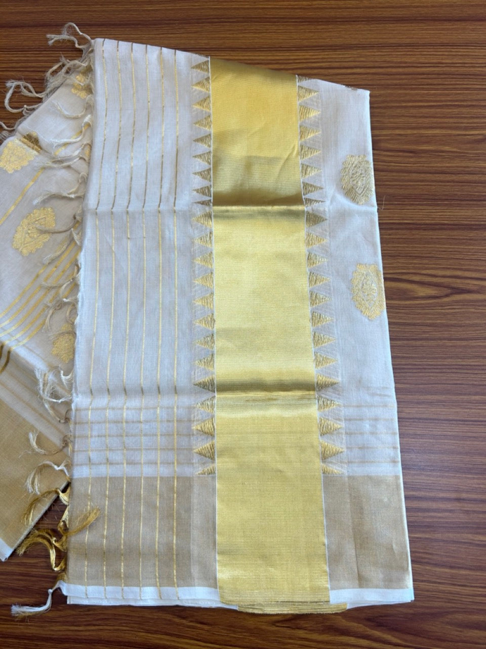 KaithariKada HANDLOOM MILPAAV Balaramapuram Kerala Saree for Women- 100% PURE Kerala Saree - Kasavu Tissue - 24 Inch Gold Kasavu DESIGN WITH KUNJALAM Kara- 9kk1009KK