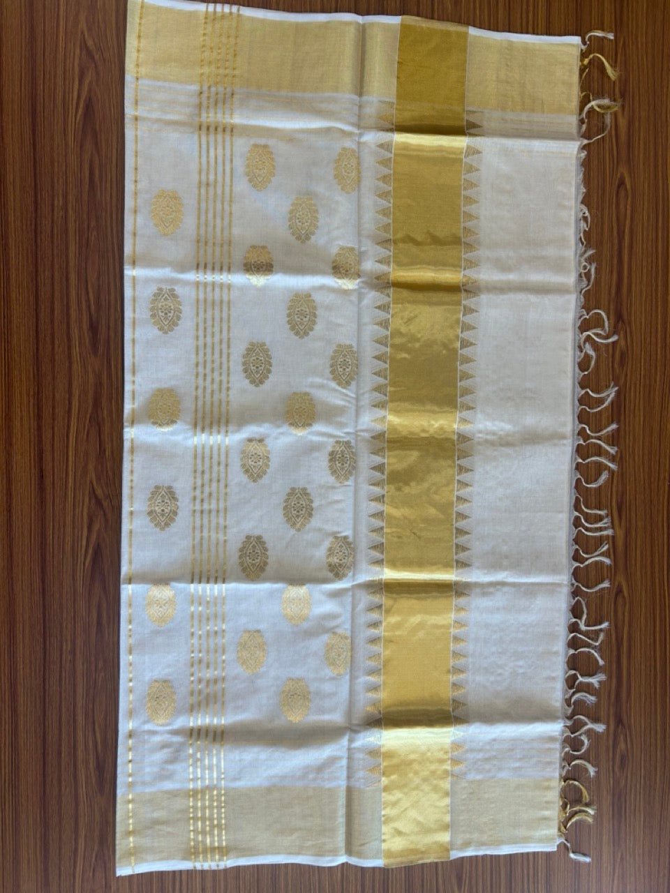 KaithariKada HANDLOOM MILPAAV Balaramapuram Kerala Saree for Women- 100% PURE Kerala Saree - Kasavu Tissue - 24 Inch Gold Kasavu DESIGN WITH KUNJALAM Kara- 9kk1009KK