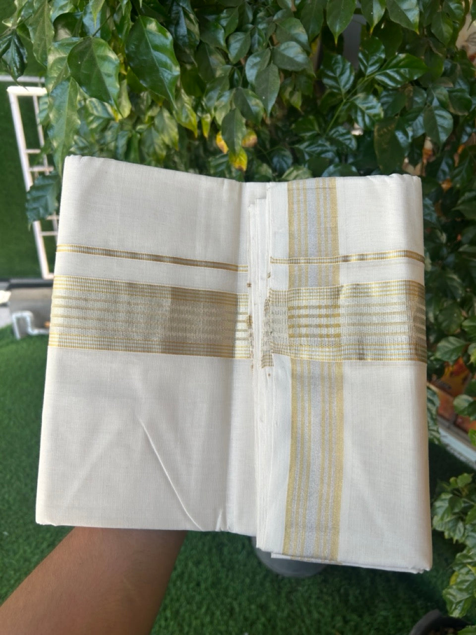 25% DISCOUNT!! KaithariKada Handloom Millpaav Balaramapuram - 100% Pure Cotton OFF White (Unbleached) Double Mundu/Dothi - 80x90 - 2 inch Silver & Gold Kasav striped Kara 4 Meters (8.5 Muzham) - 8 KK5264 RAM