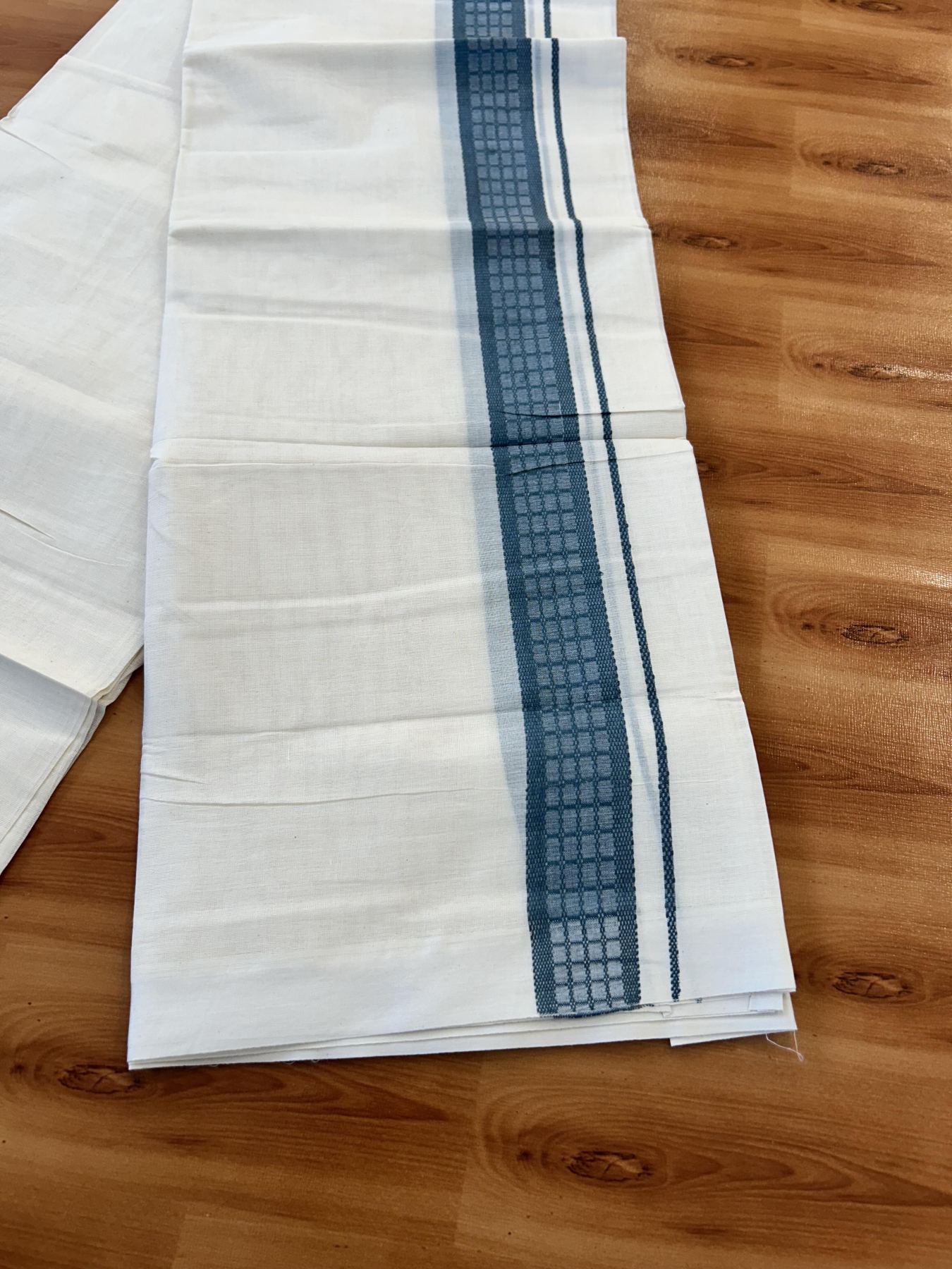 Double Off White (Unbleached) Mundu/Dhoti- 20% Discount! KaithariKada 100% Cotton - 100X80 - 1.5 inch Teal Blue Shaded Check Designer Kara - 4 mtr (8.5 Muzham) - 5 KK5451 THI