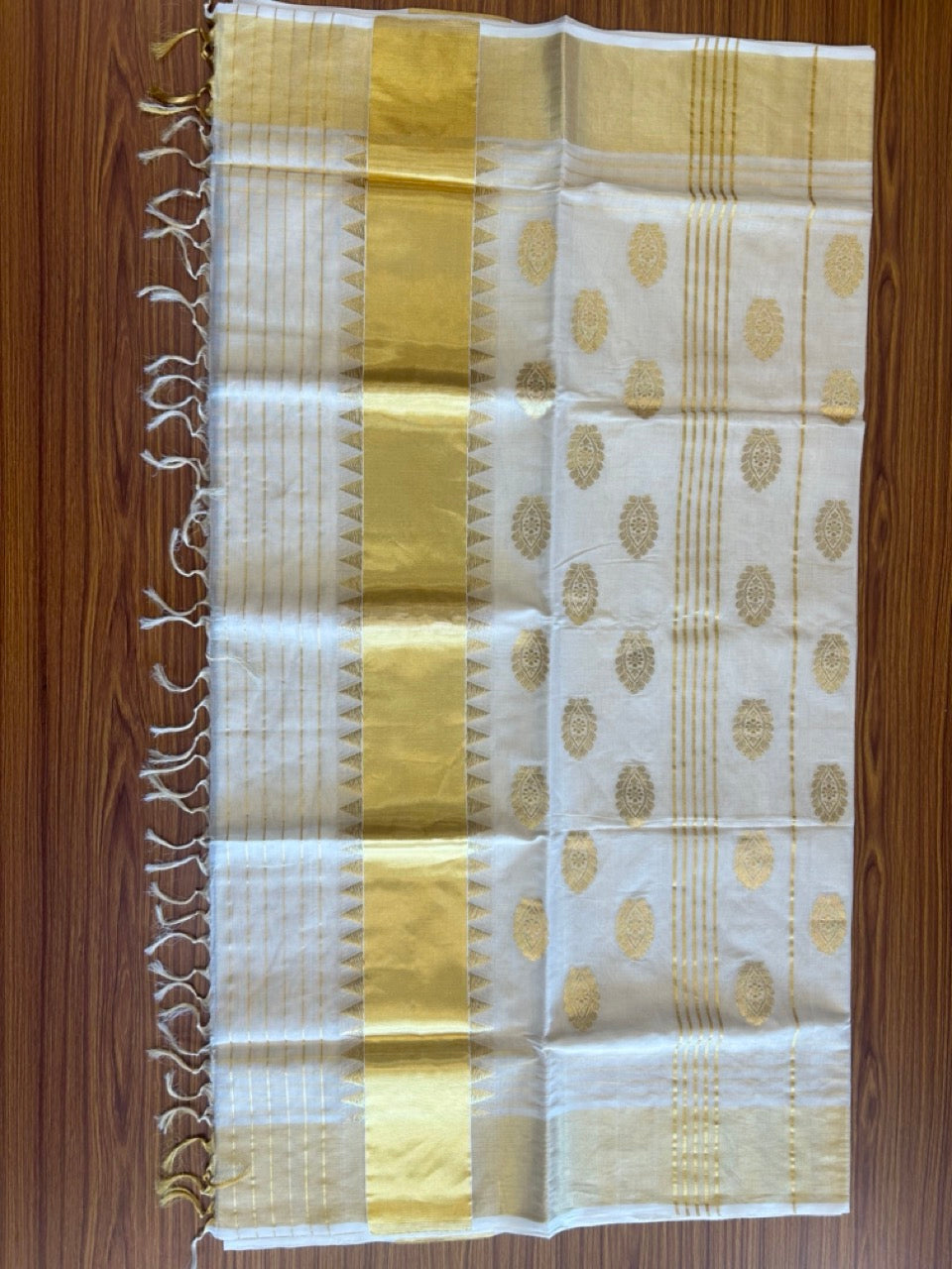 KaithariKada HANDLOOM MILPAAV Balaramapuram Kerala Saree for Women- 100% PURE Kerala Saree - Kasavu Tissue - 24 Inch Gold Kasavu DESIGN WITH KUNJALAM Kara- 9kk1009KK