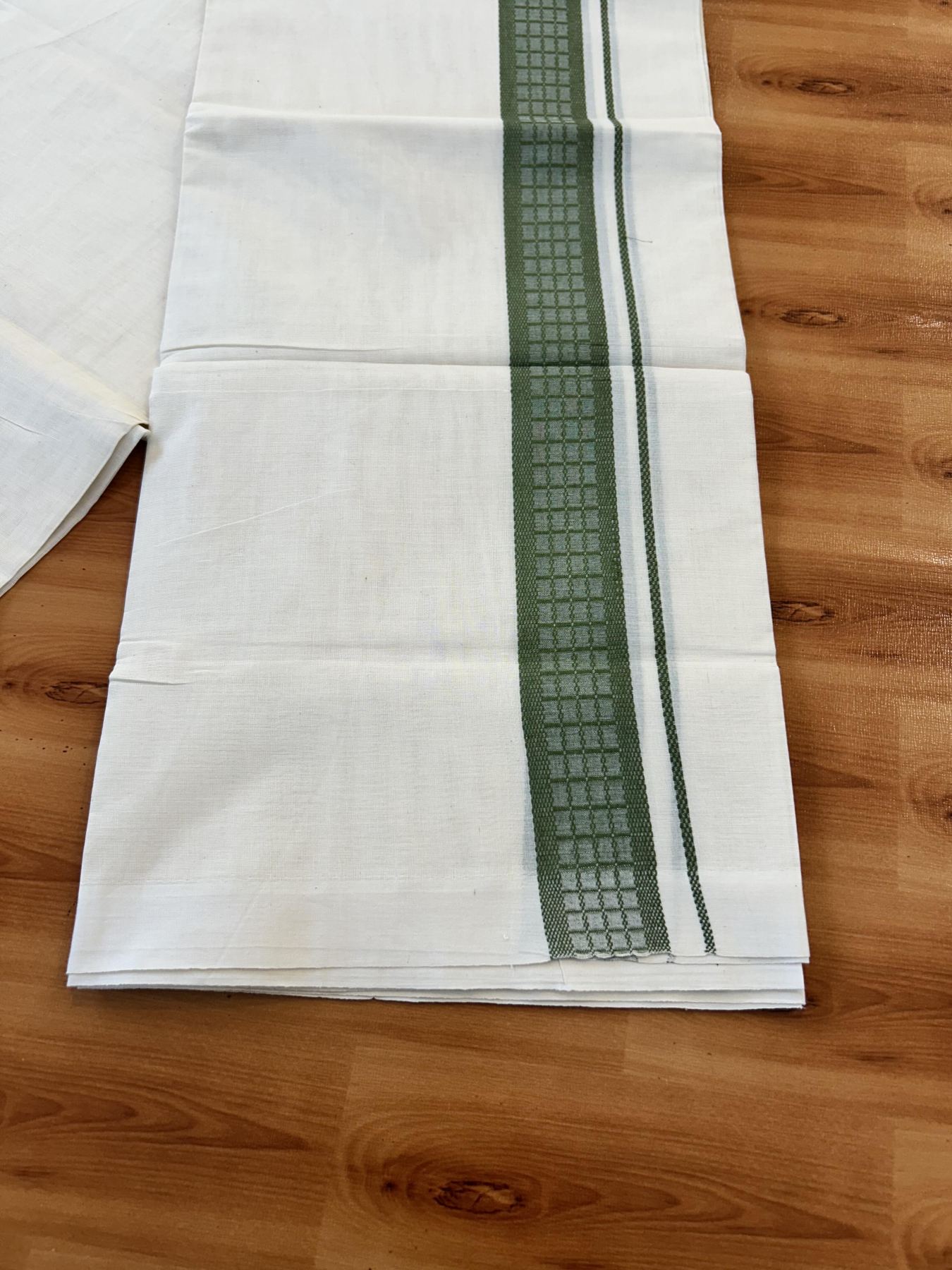 Double Off White (Unbleached) Mundu/Dhoti- 20% Discount! KaithariKada 100% Cotton - 100X80 - 1.5 inch Olive Green Shaded Check Designer Kara - 4 mtr (8.5 Muzham) - 7 KK5451 THI