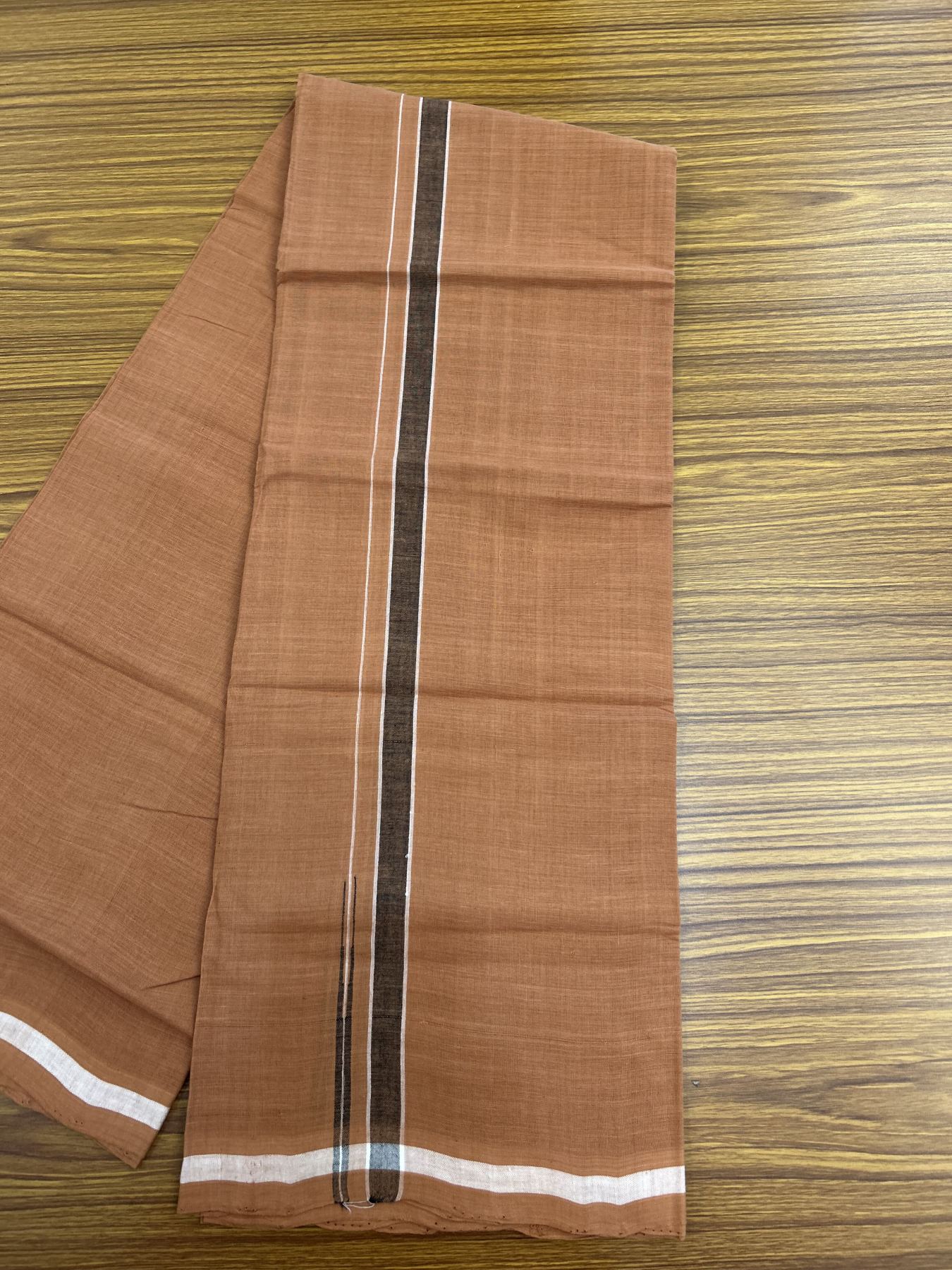 Kerala Handloom Single Hallmarked - 10% Discount !! KaithariKada 100% Pure Cotton - Mundu/Dhoti 2 cm Puliyilakkara White & Black Shaded Chutty Kara with Kavi colour Body - (2 meter / 4 muzham) - 23 KK8048 ELA