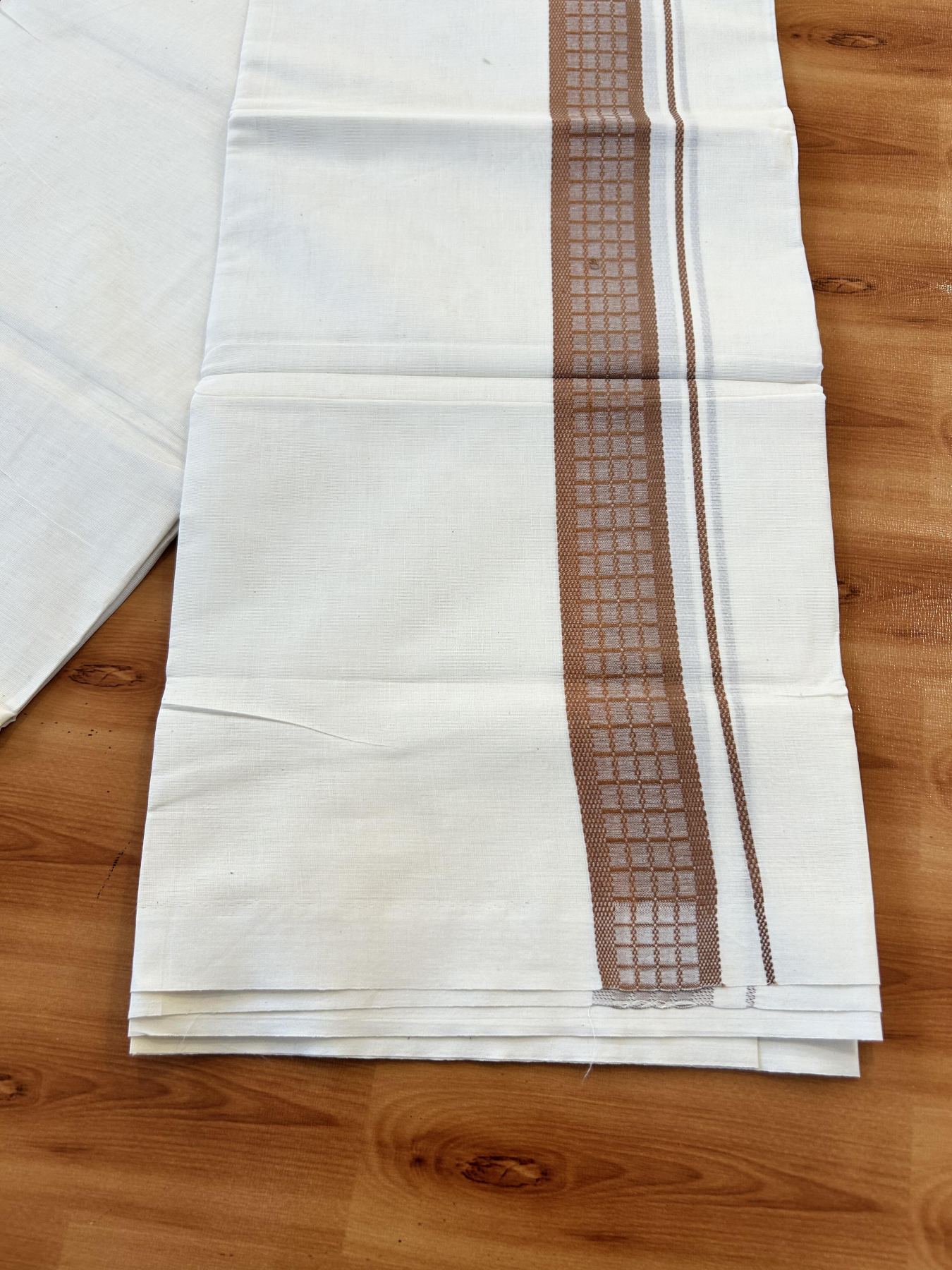 Double Off White (Unbleached) Mundu/Dhoti- 20% Discount! KaithariKada 100% Cotton - 100X80 - 1.5 inch Light Brown Shaded Check Designer Kara - 4 mtr (8.5 Muzham) - 10 KK5451 THI