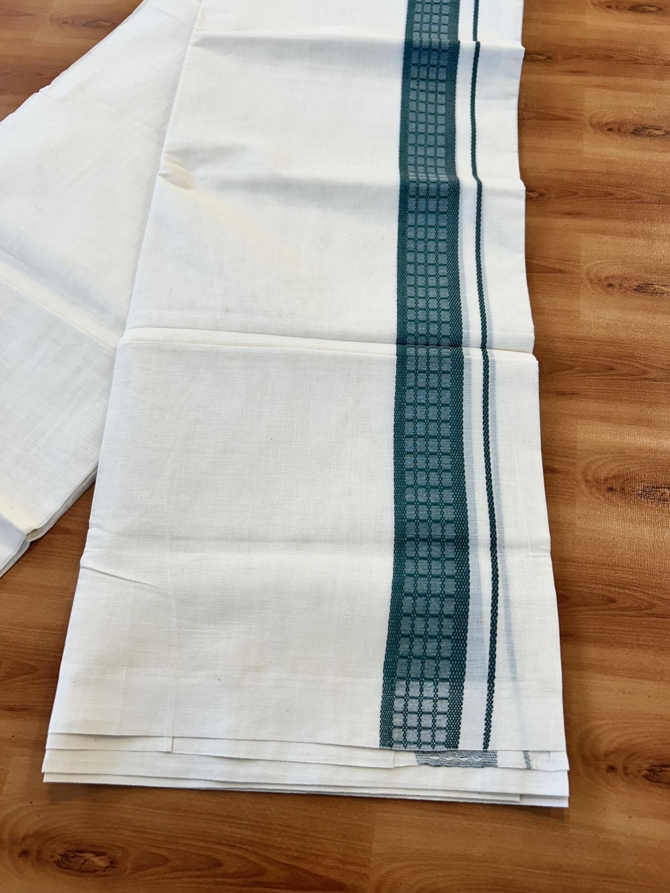 Double Off White (Unbleached) Mundu/Dhoti- 20% Discount! KaithariKada 100% Cotton - 100X80 - 1.5 inch Bottle Green Shaded Check Designer Kara - 4 mtr (8.5 Muzham) - 11 KK5451 THI