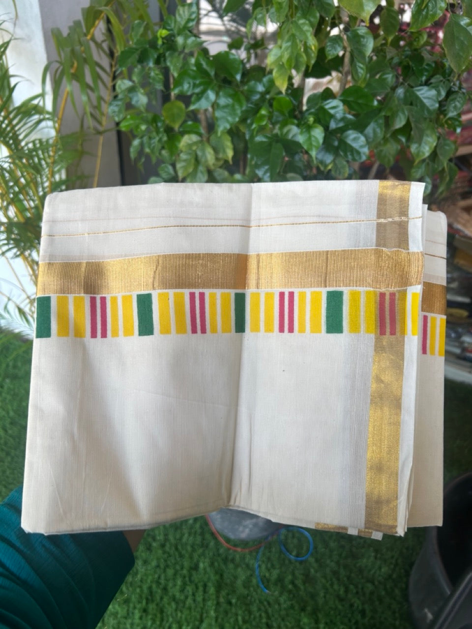 20% DISCOUNT! KaithariKada Balaramapuram 100% Cotton off white - (Unbleached) Double Mundu/Dhoti - 80X72 Cotton mix - 2.25 inch Yellow , majenta & Green striped Gold kasavu kara - 1KK5172PMC