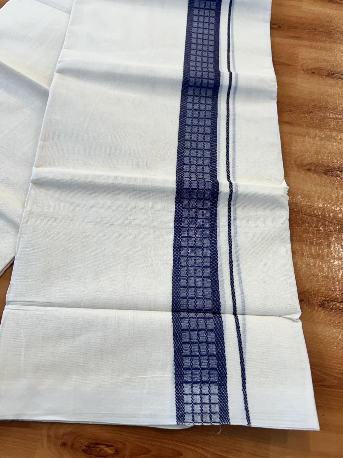 Double Off White (Unbleached) Mundu/Dhoti- 20% Discount! KaithariKada 100% Cotton - 100X80 - 1.5 inch Dark Violet Shaded Check Designer Kara - 4 mtr (8.5 Muzham) - 12 KK5451 THI