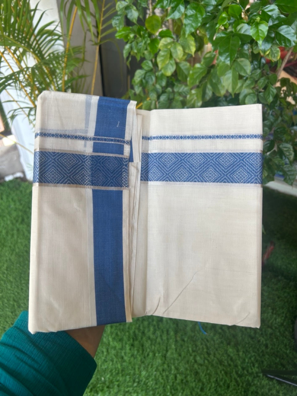 20% DISCOUNT ! KaithariKada Balaramapuram 100%  Cotton Double off white  (Unbleached) Mundu/Dhoti - 100X80 - 1.75 inch Silver kasavu & Peacock Blue jacquard design kara - 10KK5172PMC