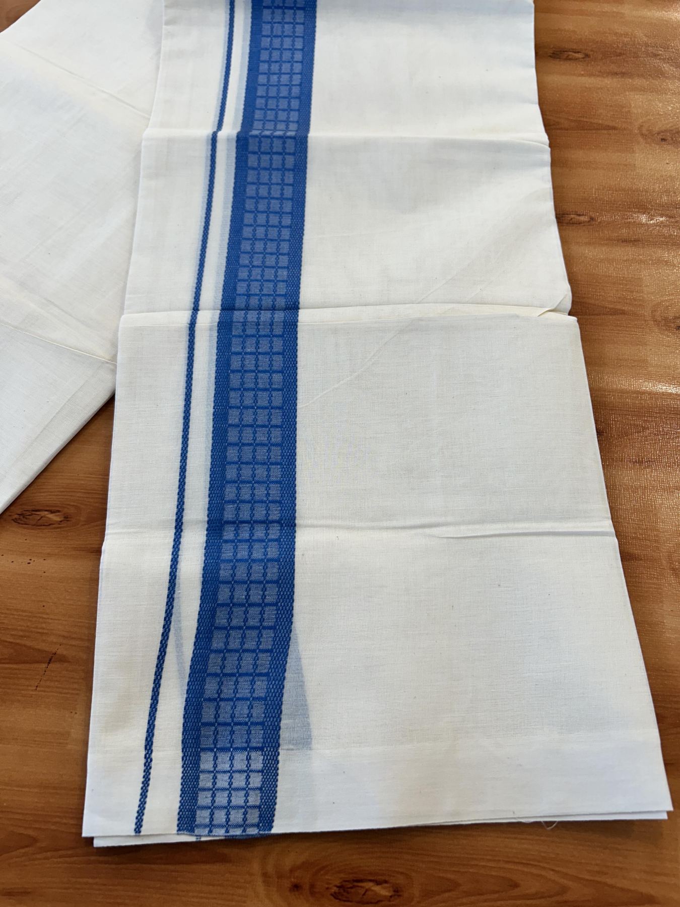 Double Off White (Unbleached) Mundu/Dhoti- 20% Discount! KaithariKada 100% Cotton - 100X80 - 1.5 inch Denim Blue Shaded Check Designer Kara - 4 mtr (8.5 Muzham) - 13 KK5451 THI