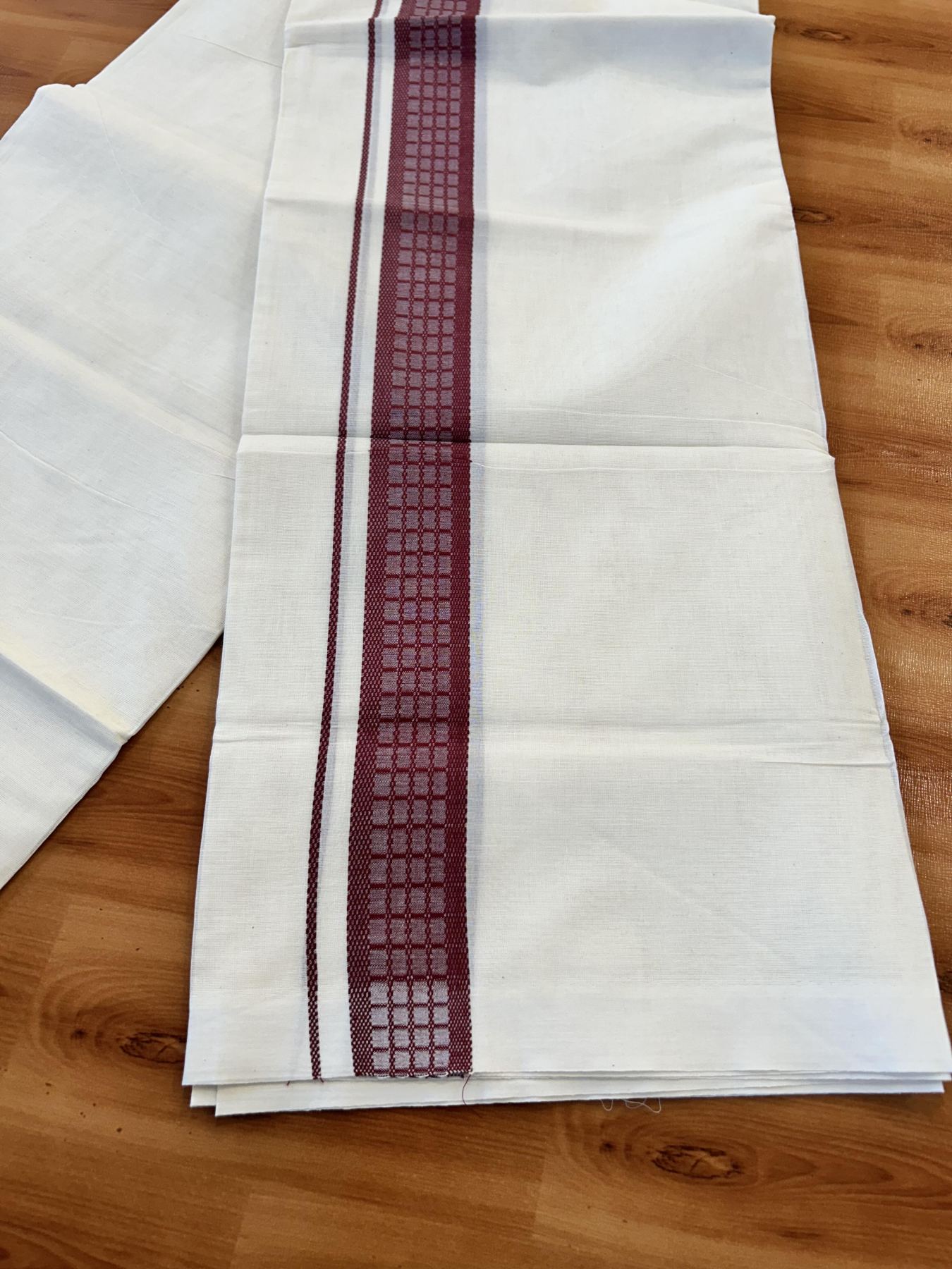 Double Off White (Unbleached) Mundu/Dhoti- 20% Discount! KaithariKada 100% Cotton - 100X80 - 1.5 inch Maroon Shaded Check Designer Kara - 4 mtr (8.5 Muzham) - 14 KK5451 THI