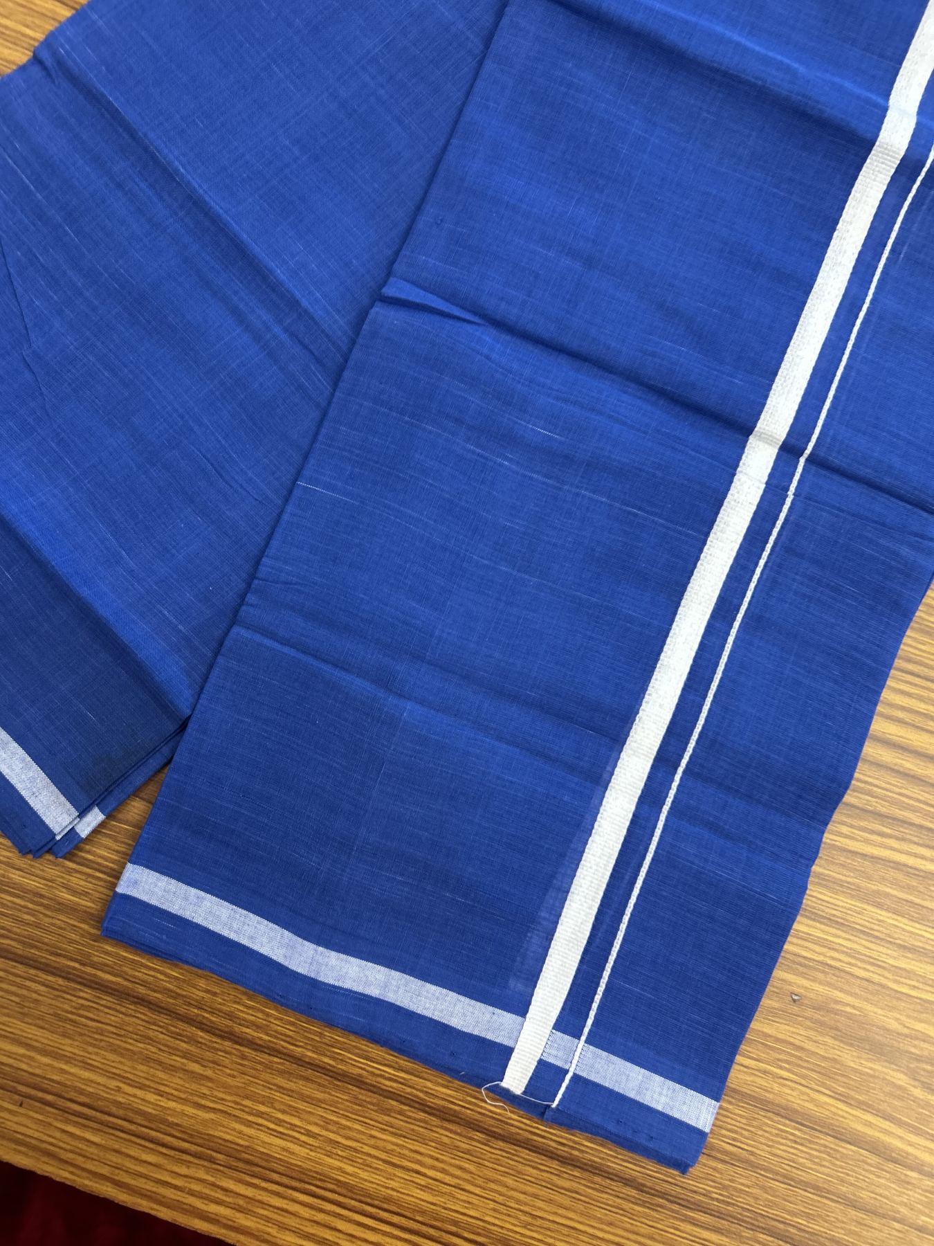 Kerala Handloom Single Hallmarked - 10% Discount !! KaithariKada 100% Pure Cotton - Mundu/Dhoti Blue Body - 1.5 cm White Kara - (2 meter / 4 muzham) - 39 KK8048 ELA