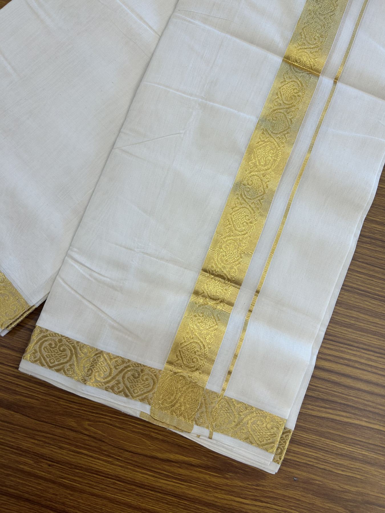 25% Discount ! KaithariKada Kerala Handloom Millpaav - 100% Pure Cotton Off White- (Unbleached) Double Mundu/Dhoti - 80x90 - 1.75 inch Gold Kasav Jacquard Design Kara 4 mtr (8.5 Muzham) - 45 KK5337 RAM