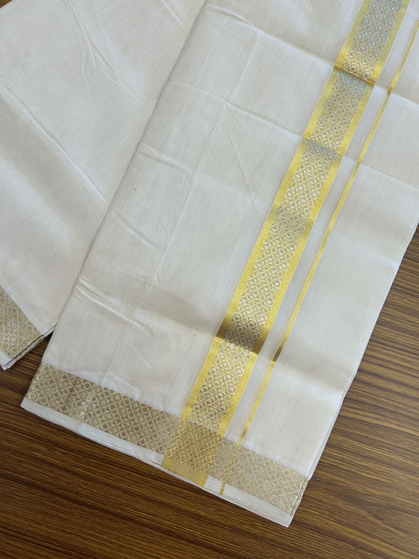 25% Discount ! KaithariKada Handloom Millpaav - Kerala Handloom - 100% Pure Cotton Off White (Unbleached) Double Mundu/Dhoti - 80x90 - 1.5 inch Gold Kasav & Silver Kasav Jacquard Design Kara 4 mtr (8.5 Muzham) - 23 KK5337 RAM