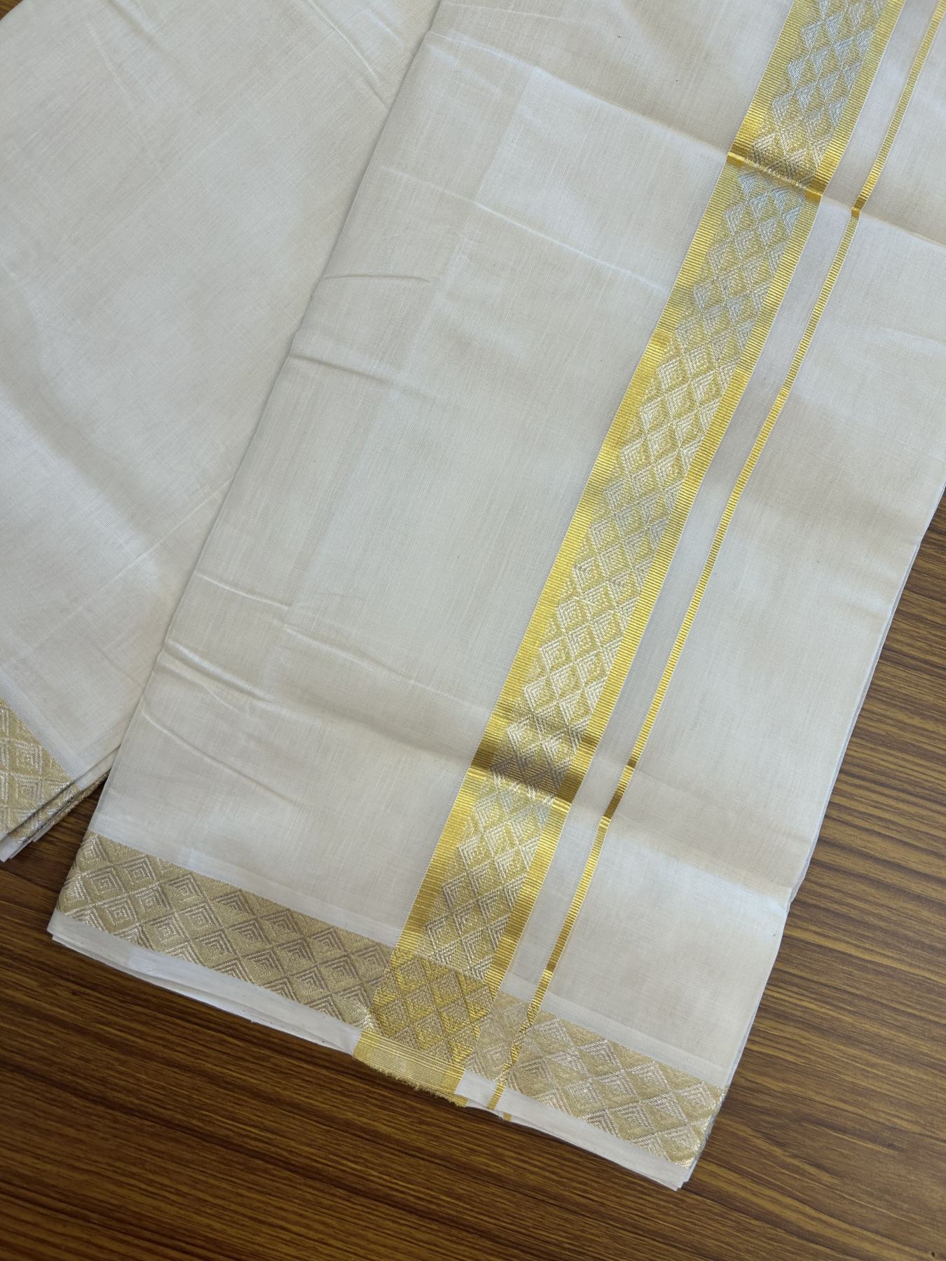25% Discount ! KaithariKada Handloom Millpaav - Kerala Handloom - 100% Pure Cotton Off White (Unbleached) Double Mundu/Dhoti - 80x90 - 1.75 inch Gold Kasav & Silver Kasav Jacquard Design Kara 4 mtr (8.5 Muzham) - 20 KK5337 RAM