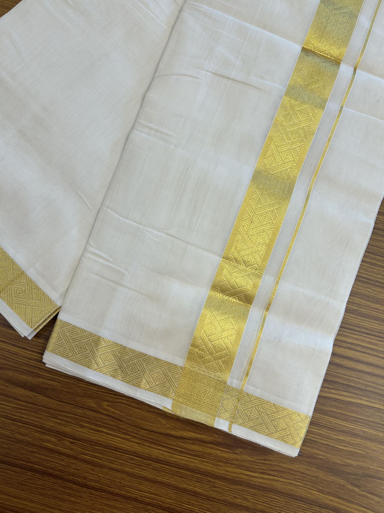 25% Discount ! KaithariKada Kerala Handloom Millpaav - 100% Pure Cotton Off White- (Unbleached) Double Mundu/Dhoti - 80x90 - 1.75 inch Gold Kasav Jacquard Design Kara 4 mtr (8.5 Muzham) - 46 KK5337 RAM