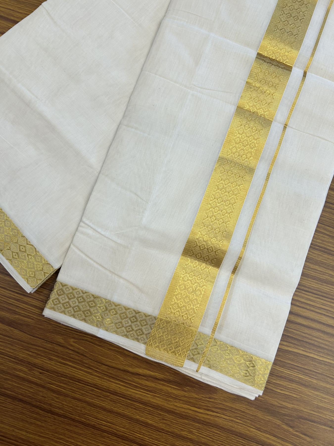 25% Discount ! KaithariKada Kerala Handloom Millpaav - 100% Pure Cotton Off White- (Unbleached) Double Mundu/Dhoti - 80x90 - 1.75 inch Gold Kasav Jacquard Design Kara 4 mtr (8.5 Muzham) - 48 KK5337 RAM