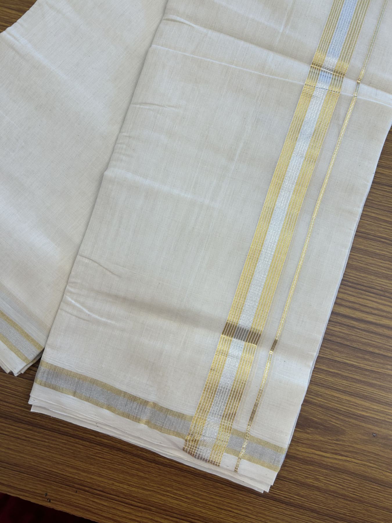 25% Discount ! KaithariKada Handloom Millpaav - Kerala Handloom - 100% Pure Cotton Off White (Unbleached) Double Mundu/Dhoti - 80x90 - 1.5 inch Gold Kasav & Silver Kasav striped Kara 4 mtr (8.5 Muzham) - 28 KK5337 RAM