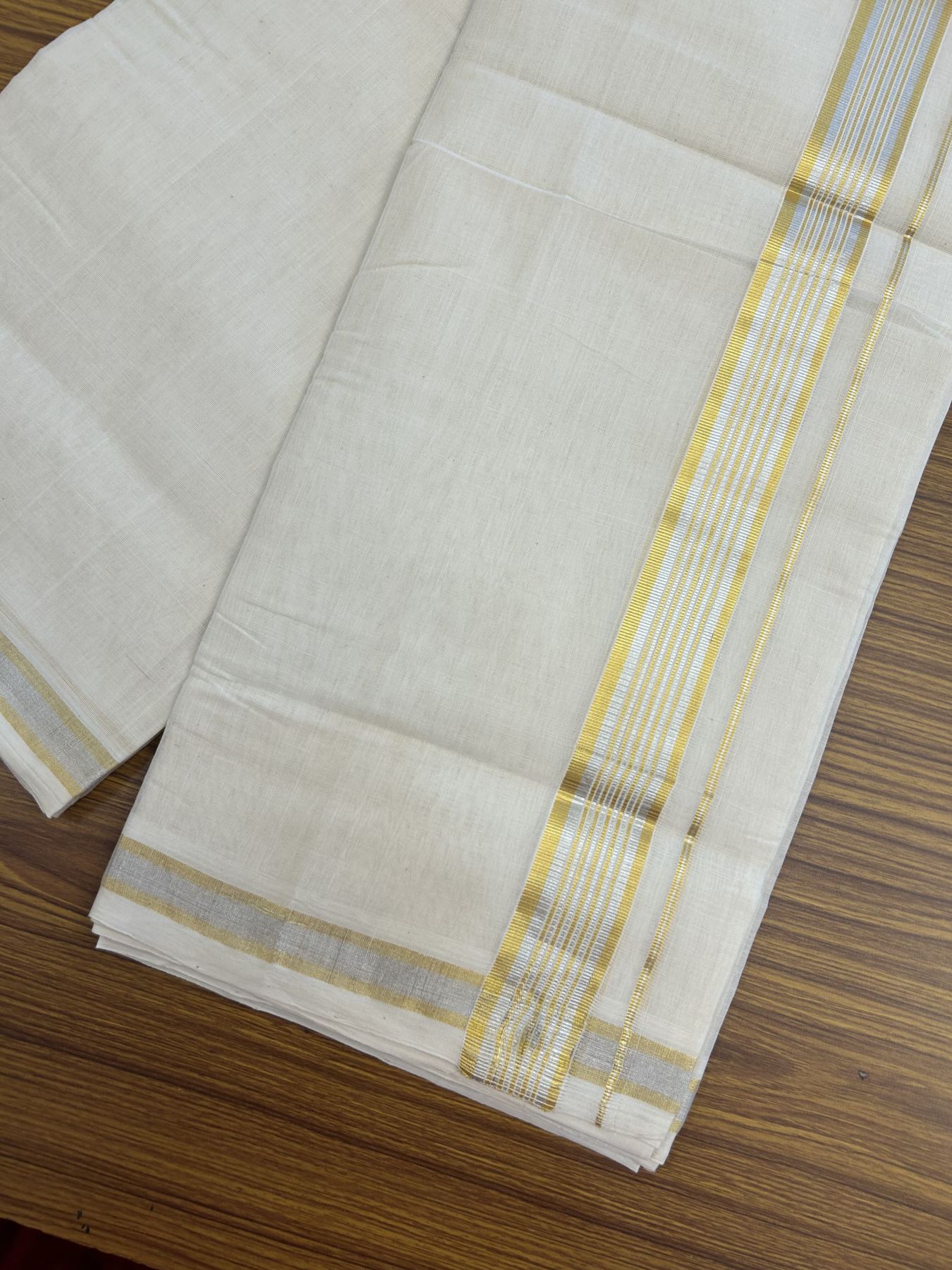 25% Discount ! KaithariKada Handloom Millpaav - Kerala Handloom - 100% Pure Cotton Off White (Unbleached) Double Mundu/Dhoti - 80x90 - 1.5 inch Gold Kasav & Silver Kasav striped Kara 4 mtr (8.5 Muzham) - 35 KK5337 RAM