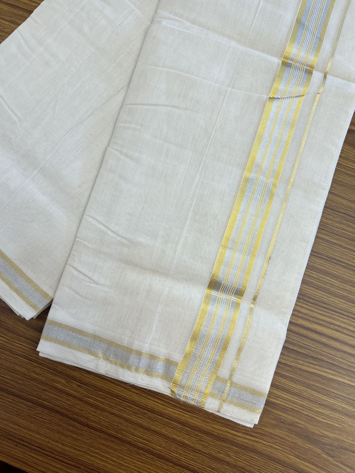 25% Discount ! KaithariKada Handloom Millpaav - Kerala Handloom - 100% Pure Cotton Off White (Unbleached) Double Mundu/Dhoti - 80x90 - 1.5 inch Gold Kasav & Silver Kasav striped Kara 4 mtr (8.5 Muzham) - 31 KK5337 RAM