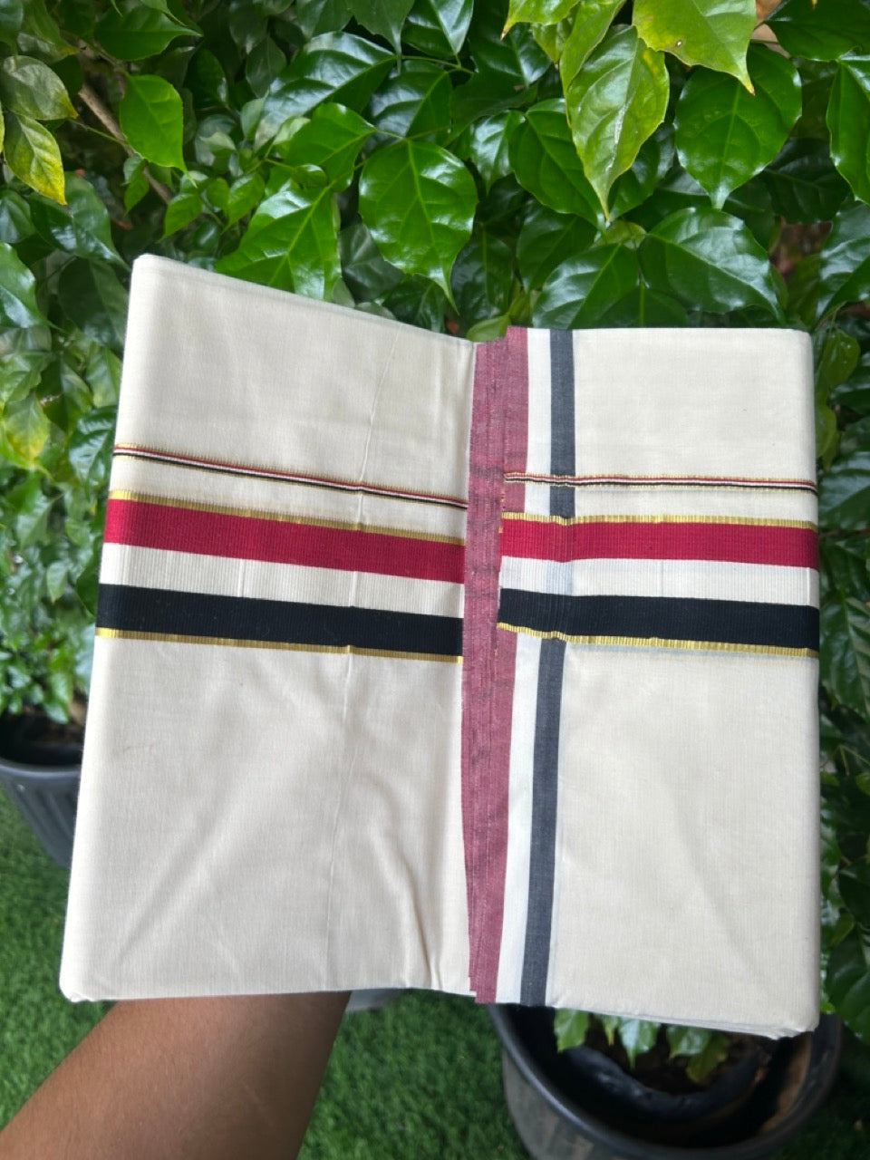 ADMK VESHTI - 20% DISCOUNT! KaithariKada 100% Cotton off white Double - (Unbleached) Mundu/Dhoti - 100X100 - 2 inch Gold Kasavu & Black White Maroon kara - 47KK5218ASH
