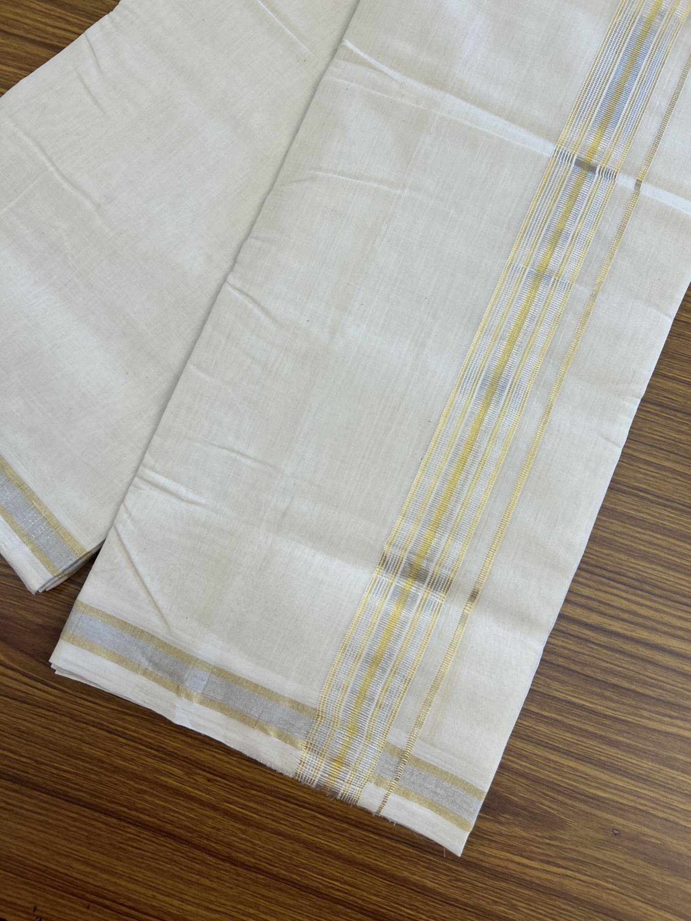 25% Discount ! KaithariKada Handloom Millpaav - Kerala Handloom - 100% Pure Cotton Off White (Unbleached) Double Mundu/Dhoti - 80x90 - 1.5 inch Gold Kasav & Silver Kasav striped Kara 4 mtr (8.5 Muzham) - 25 KK5337 RAM