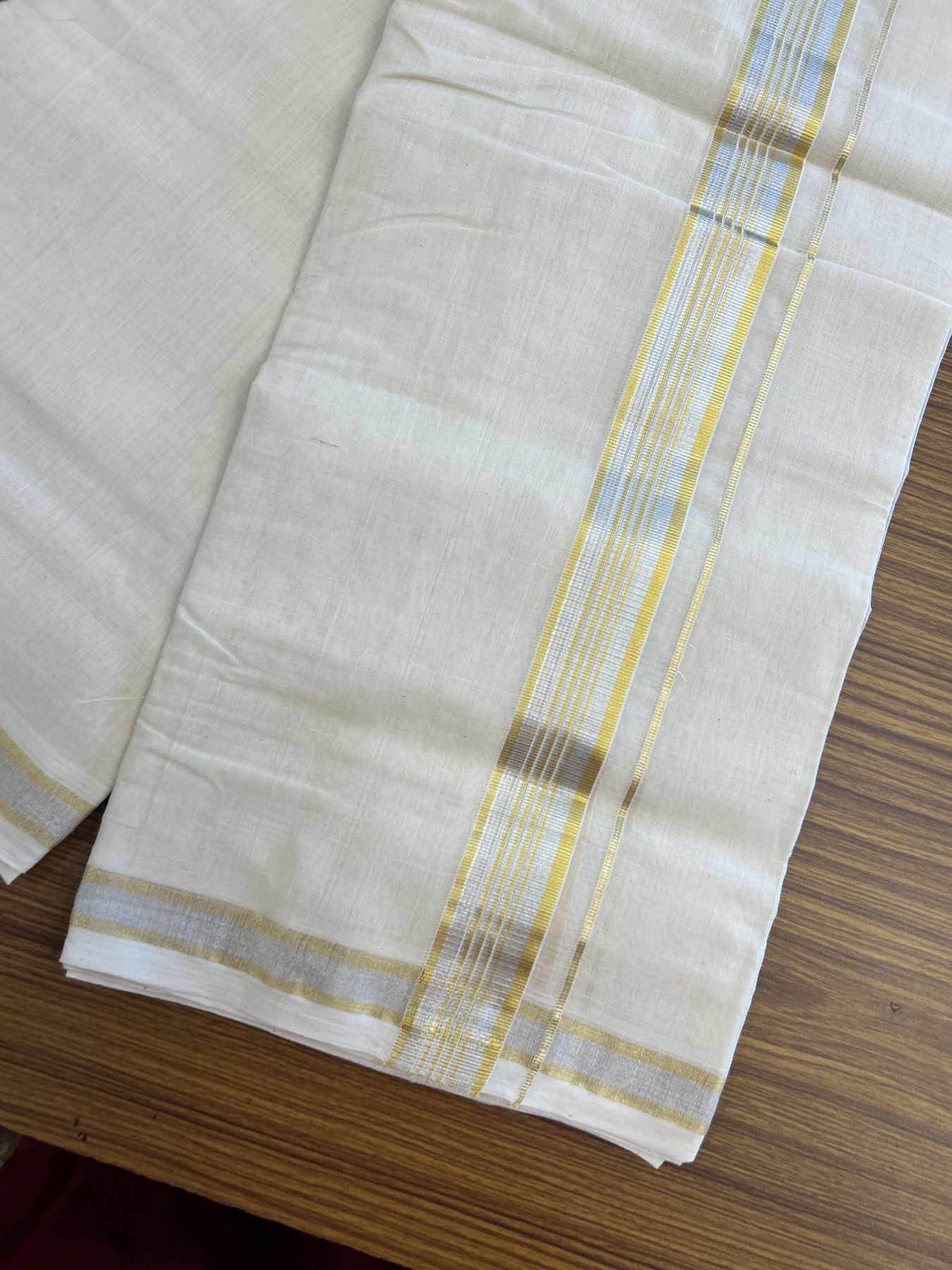 25% Discount ! KaithariKada Handloom Millpaav - Kerala Handloom - 100% Pure Cotton Off White (Unbleached) Double Mundu/Dhoti - 80x90 - 1.5 inch Gold Kasav & Silver Kasav striped Kara 4 mtr (8.5 Muzham) - 36 KK5337 RAM