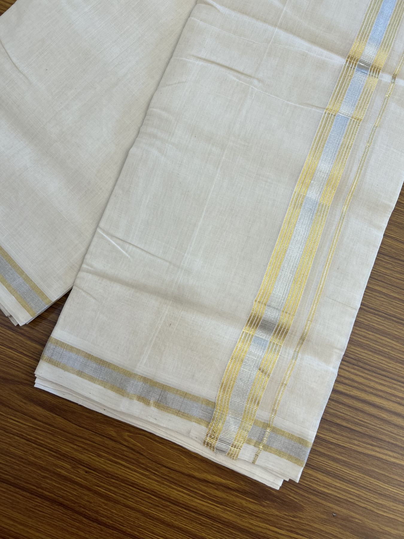 25% Discount ! KaithariKada Handloom Millpaav - Kerala Handloom - 100% Pure Cotton Off White (Unbleached) Double Mundu/Dhoti - 80x90 - 1.25 inch Gold Kasav & Silver Kasav striped Kara 4 mtr (8.5 Muzham) - 30 KK5337 RAM