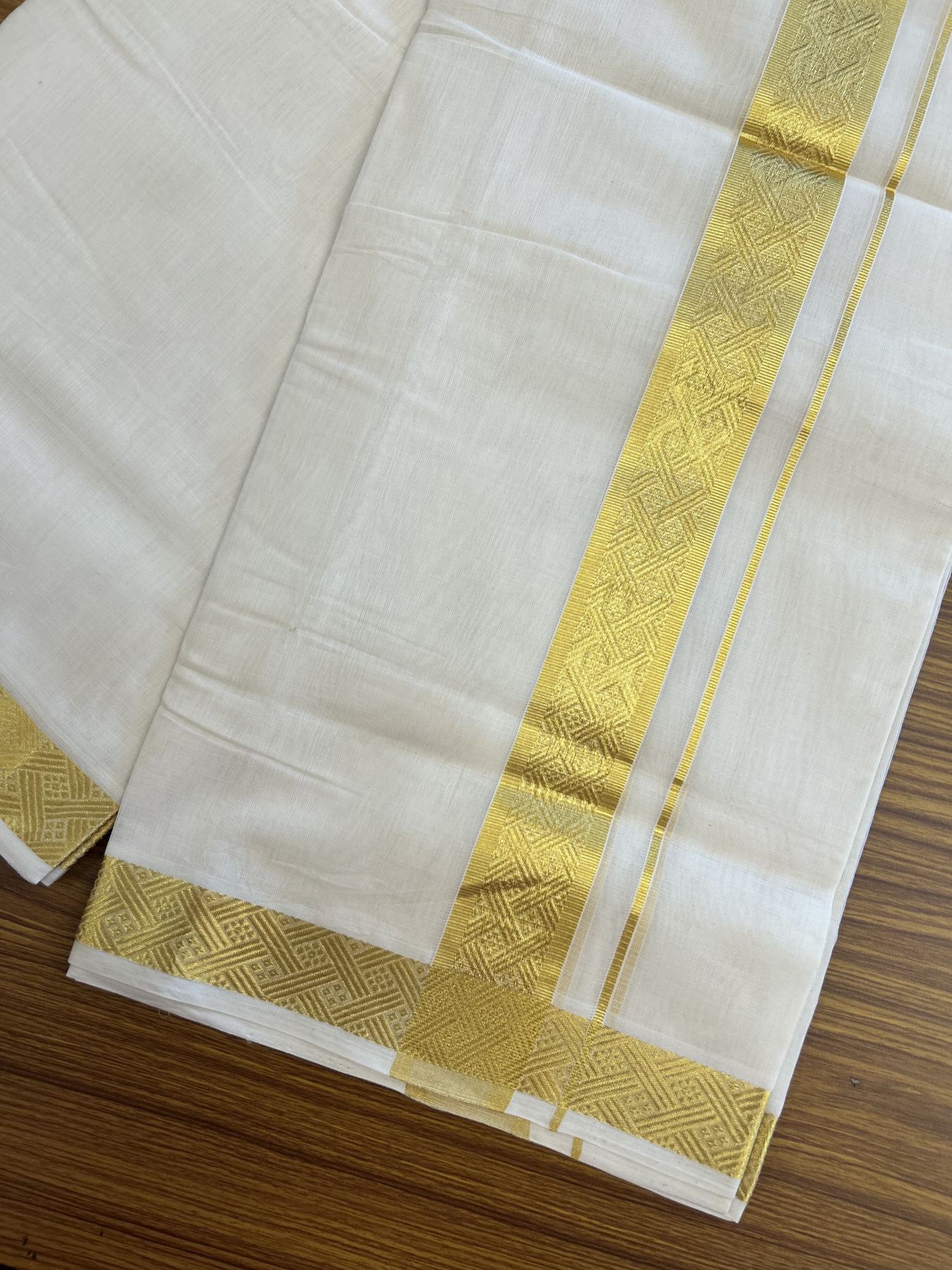 25% Discount ! KaithariKada Kerala Handloom Millpaav - 100% Pure Cotton Off White- (Unbleached) Double Mundu/Dhoti - 80x90 - 1.75 inch Gold Kasav Jacquard Design Kara 4 mtr (8.5 Muzham) - 51 KK5337 RAM