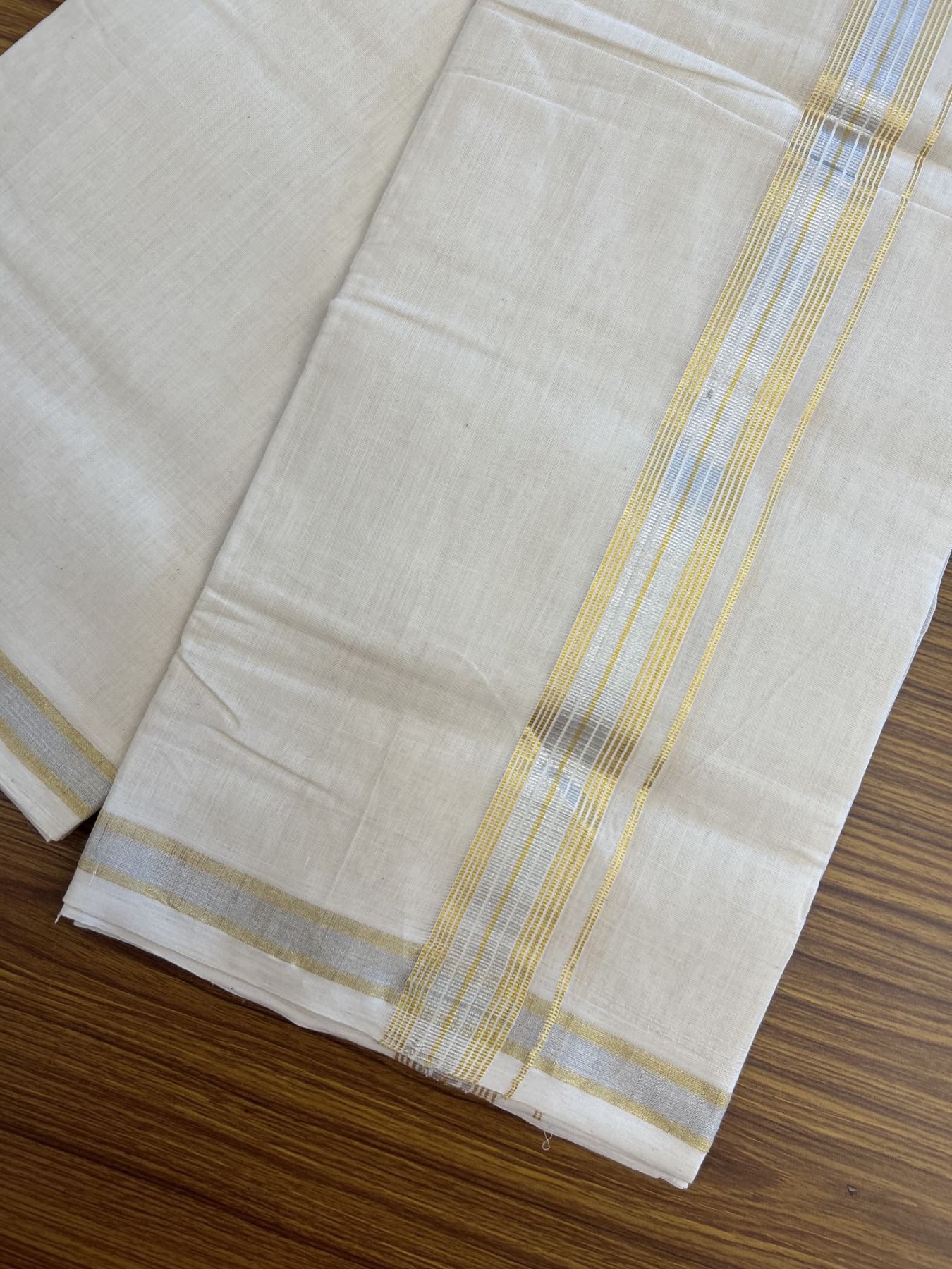 25% Discount ! KaithariKada Handloom Millpaav - Kerala Handloom - 100% Pure Cotton Off White (Unbleached) Double Mundu/Dhoti - 80x90 - 1.5 inch Gold Kasav & Silver Kasav striped Kara 4 mtr (8.5 Muzham) - 33 KK5337 RAM