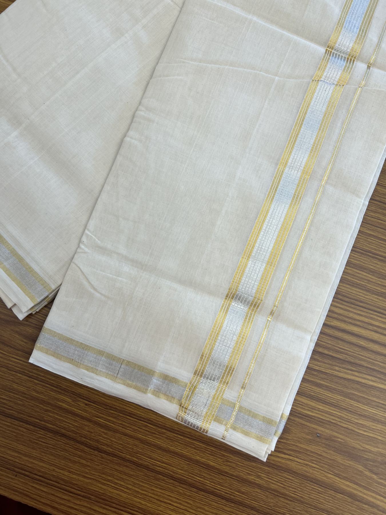 25% Discount ! KaithariKada Handloom Millpaav - Kerala Handloom - 100% Pure Cotton Off White (Unbleached) Double Mundu/Dhoti - 80x90 - 1.25 inch Gold Kasav & Silver Kasav striped Kara 4 mtr (8.5 Muzham) - 29 KK5337 RAM