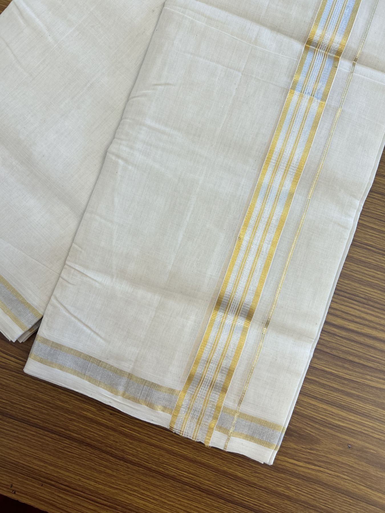 25% Discount ! KaithariKada Handloom Millpaav - Kerala Handloom - 100% Pure Cotton Off White (Unbleached) Double Mundu/Dhoti - 80x90 - 1.5 inch Gold Kasav & Silver Kasav striped Kara 4 mtr (8.5 Muzham) - 32 KK5337 RAM